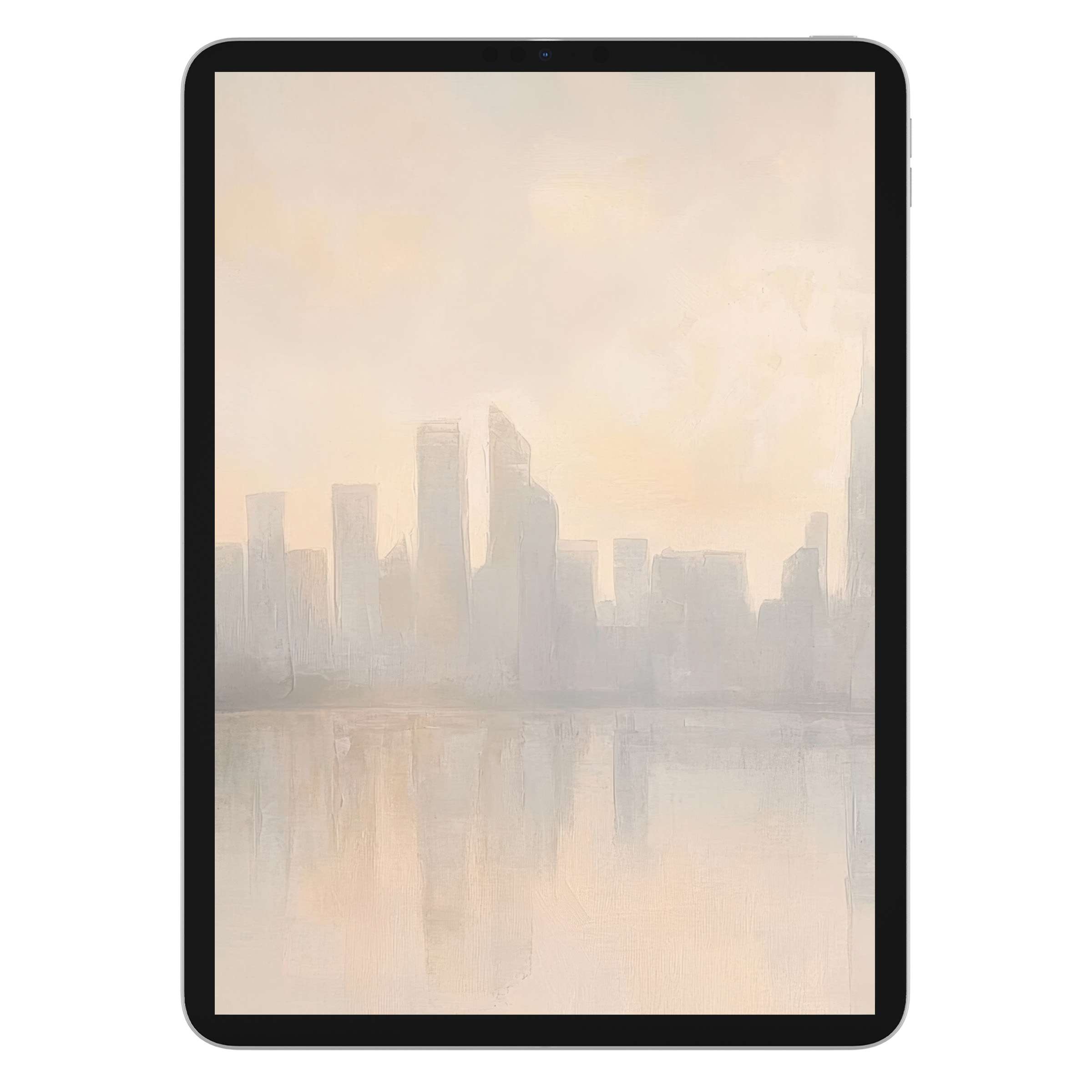 Elegant urban art iPad wallpaper features serene pastel cityscape background for tablet digital download creating a calming atmosphere
