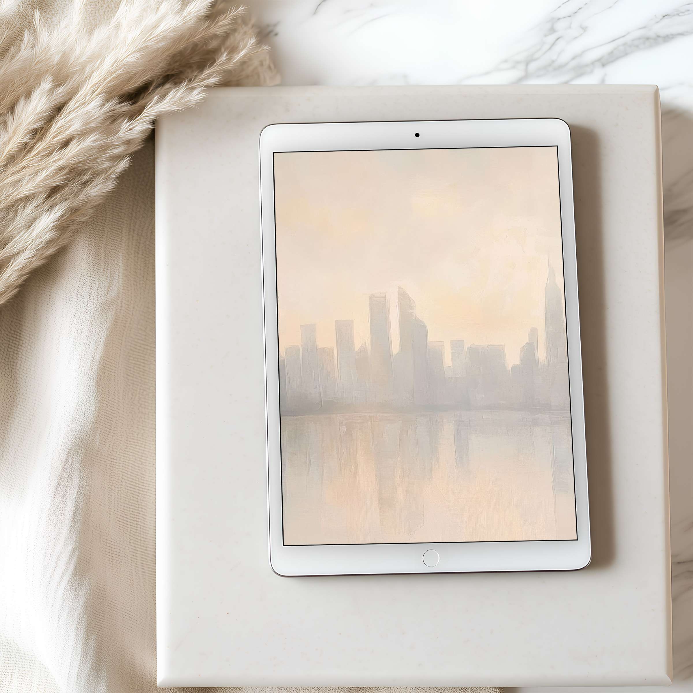 Elegant tablet wallpaper featuring a serene pastel cityscape, perfect for iPad or Android tablets, offering a calming digital download experience