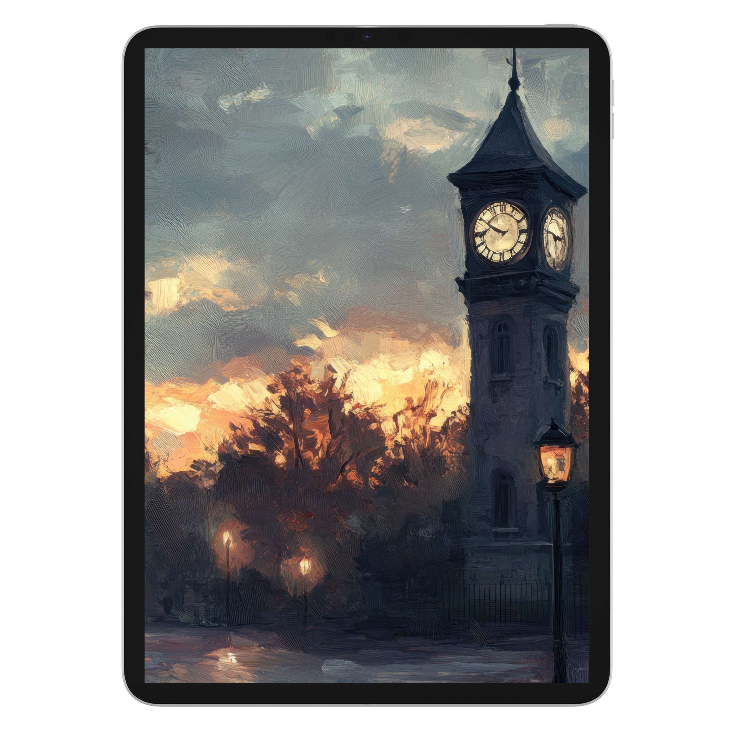 Urban art iPad wallpaper featuring a sunset-lit clock tower; perfect digital download for tablet background elegance and calm