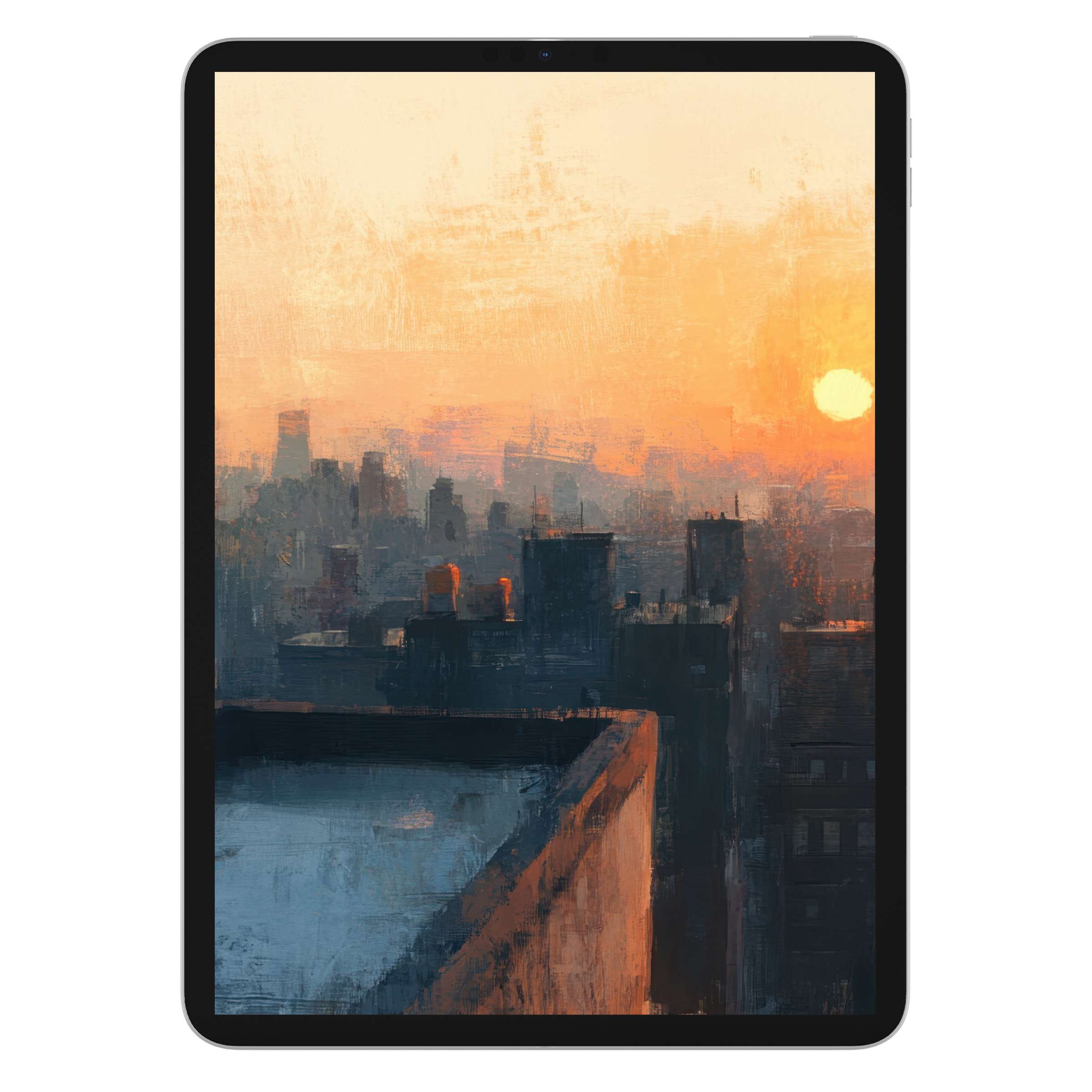 Urban art iPad wallpaper showcasing a serene sunset over a cityscape in warm hues, perfect digital download for tablet background