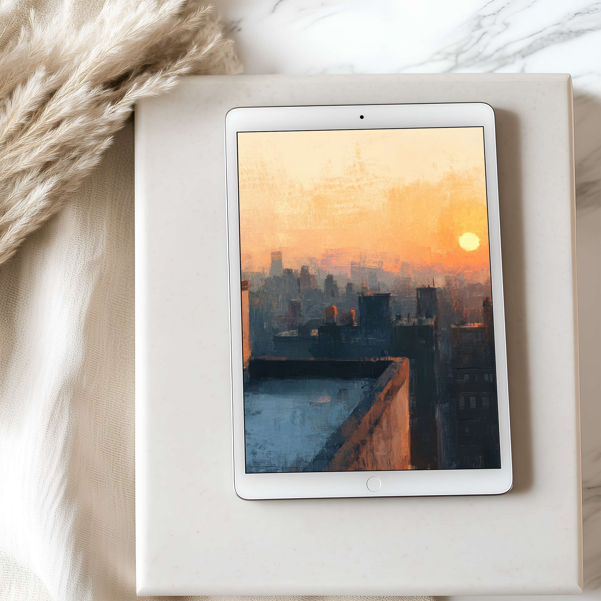 Sunset cityscape tablet wallpaper showcasing a serene orange and blue palette perfect for iPad high resolution digital download