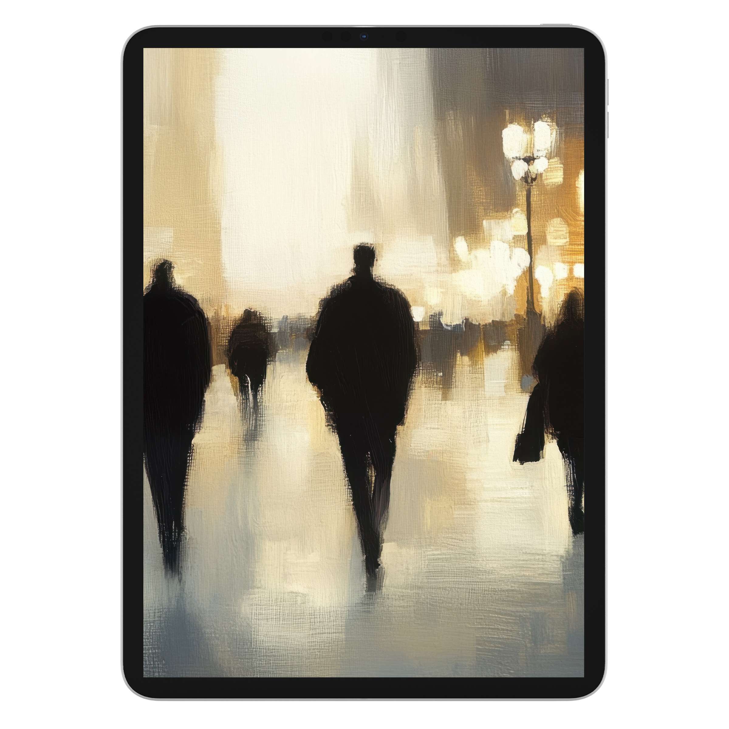 Urban art iPad wallpaper with muted silhouettes on a textured cityscape background perfect digital download for tablet and mobile elegance