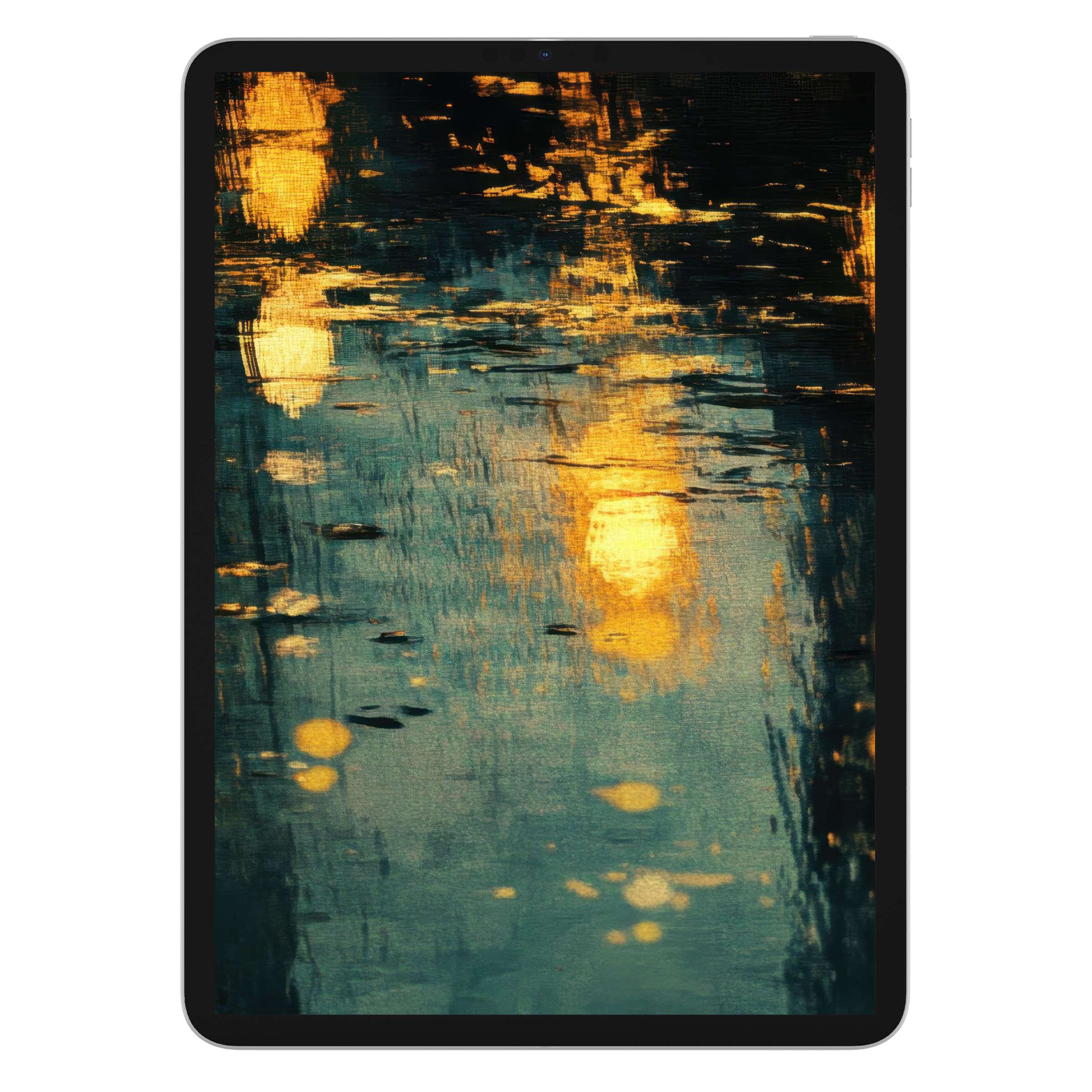 Elegant urban art iPad wallpaper with warm, glowing reflections on a textured teal background for a serene digital download tablet use