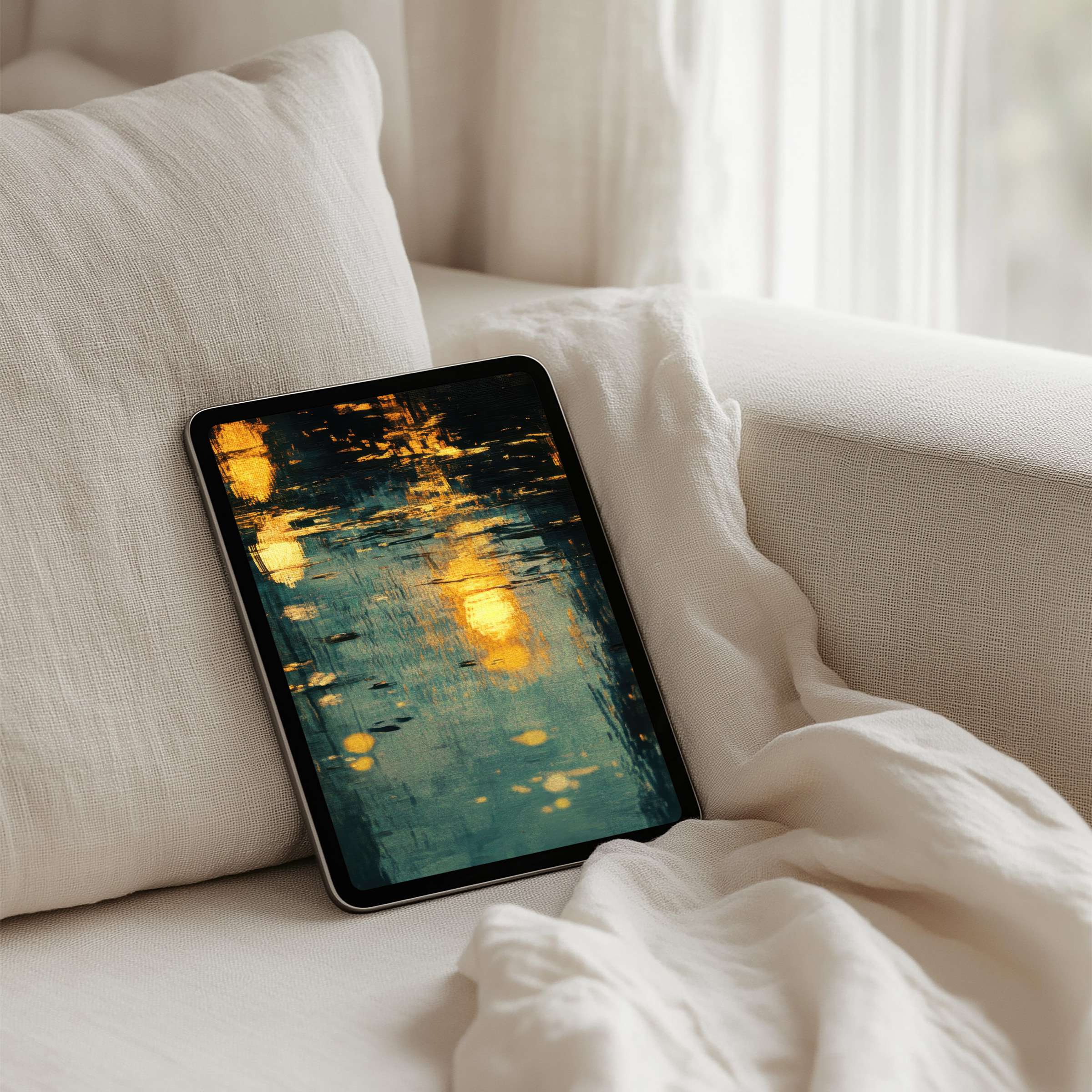 Elegant iPad background with serene golden reflections, perfect for instant download to enhance any tablet and inspire mindfulness