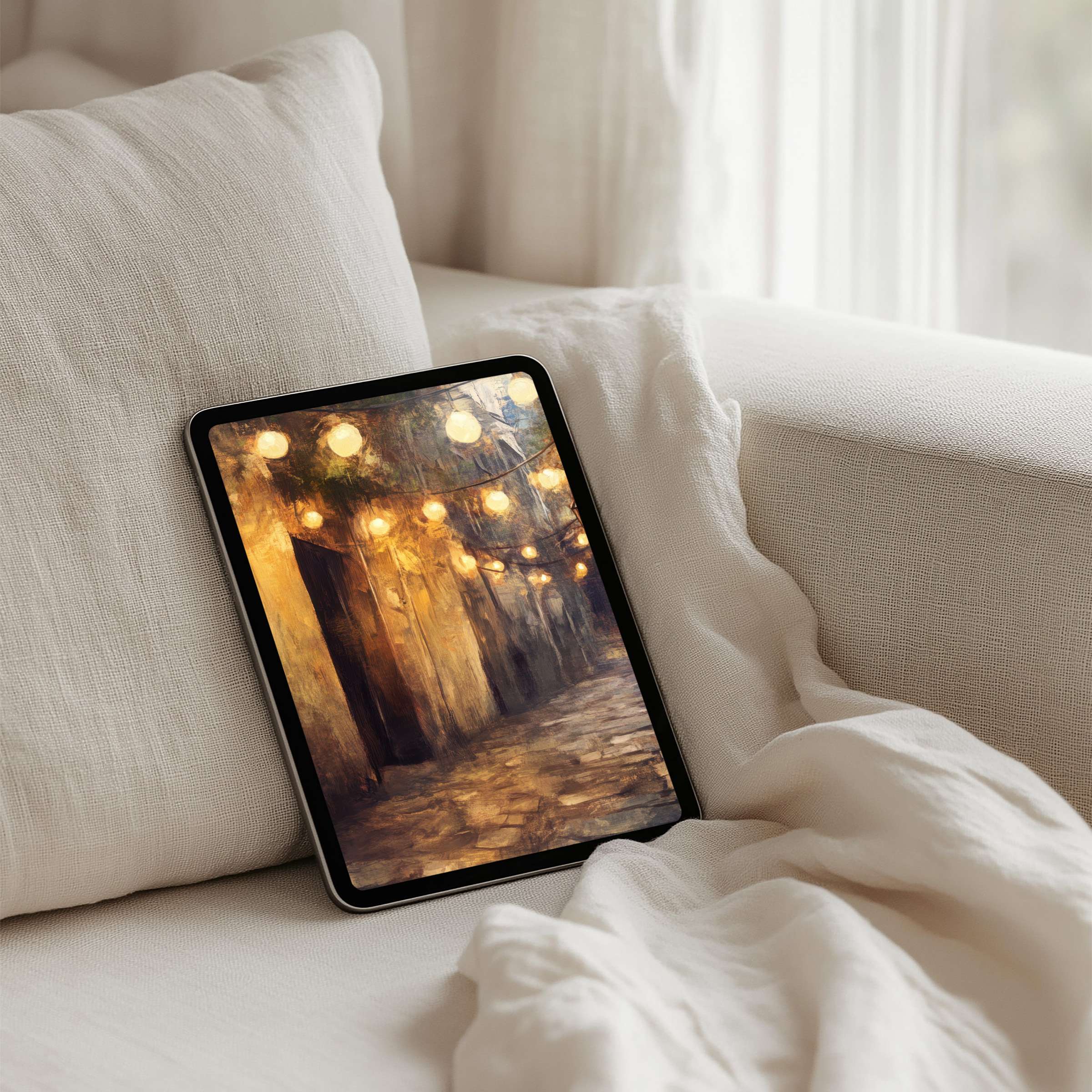 Elegant digital art iPad background depicting warm rustic lights offers calm inspiration for your tablet instant download experience