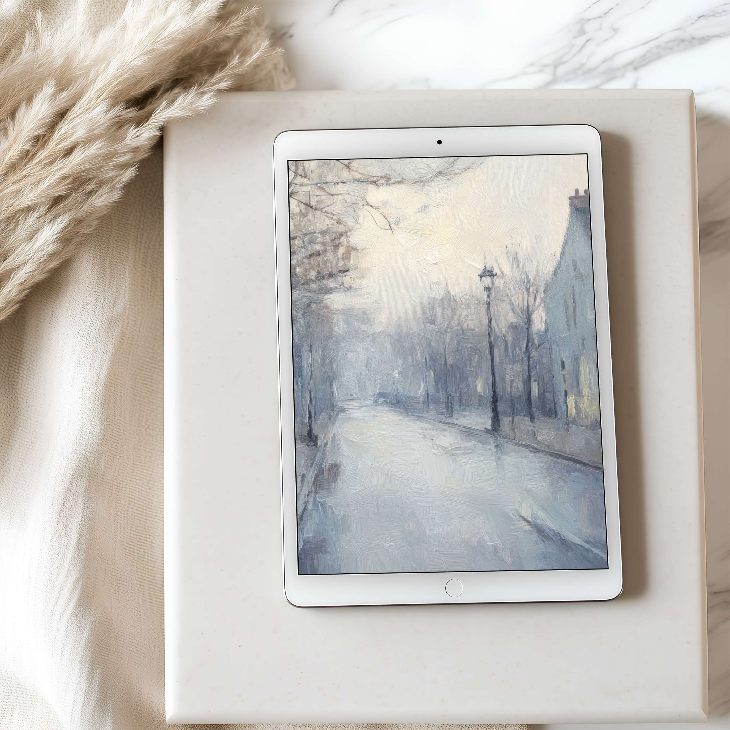 Elegant tablet wallpaper featuring a serene, high resolution winter street scene in soft grays and blues, perfect for easy download