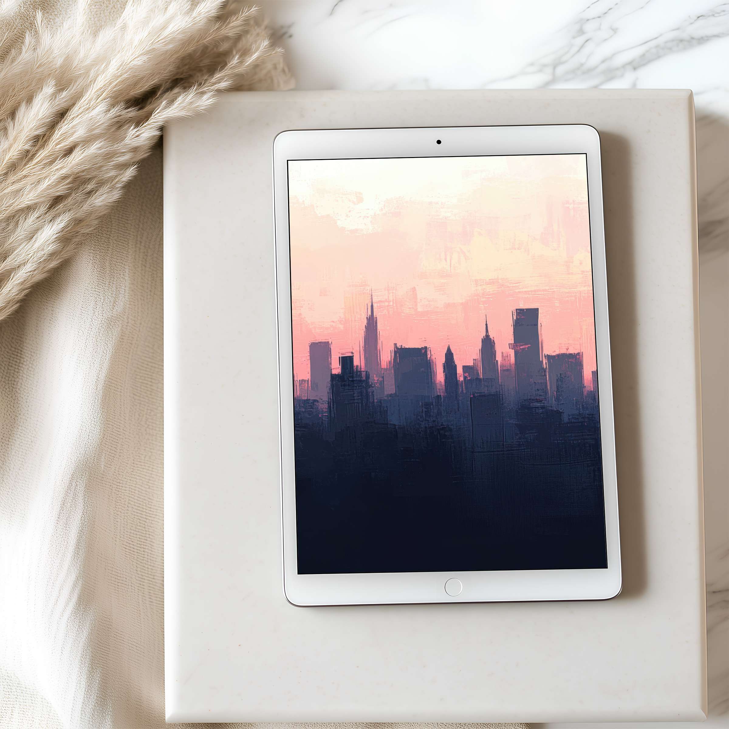 Elegant tablet wallpaper featuring a serene city skyline at dusk, perfect for iPad and Android tablets, enhancing digital décor