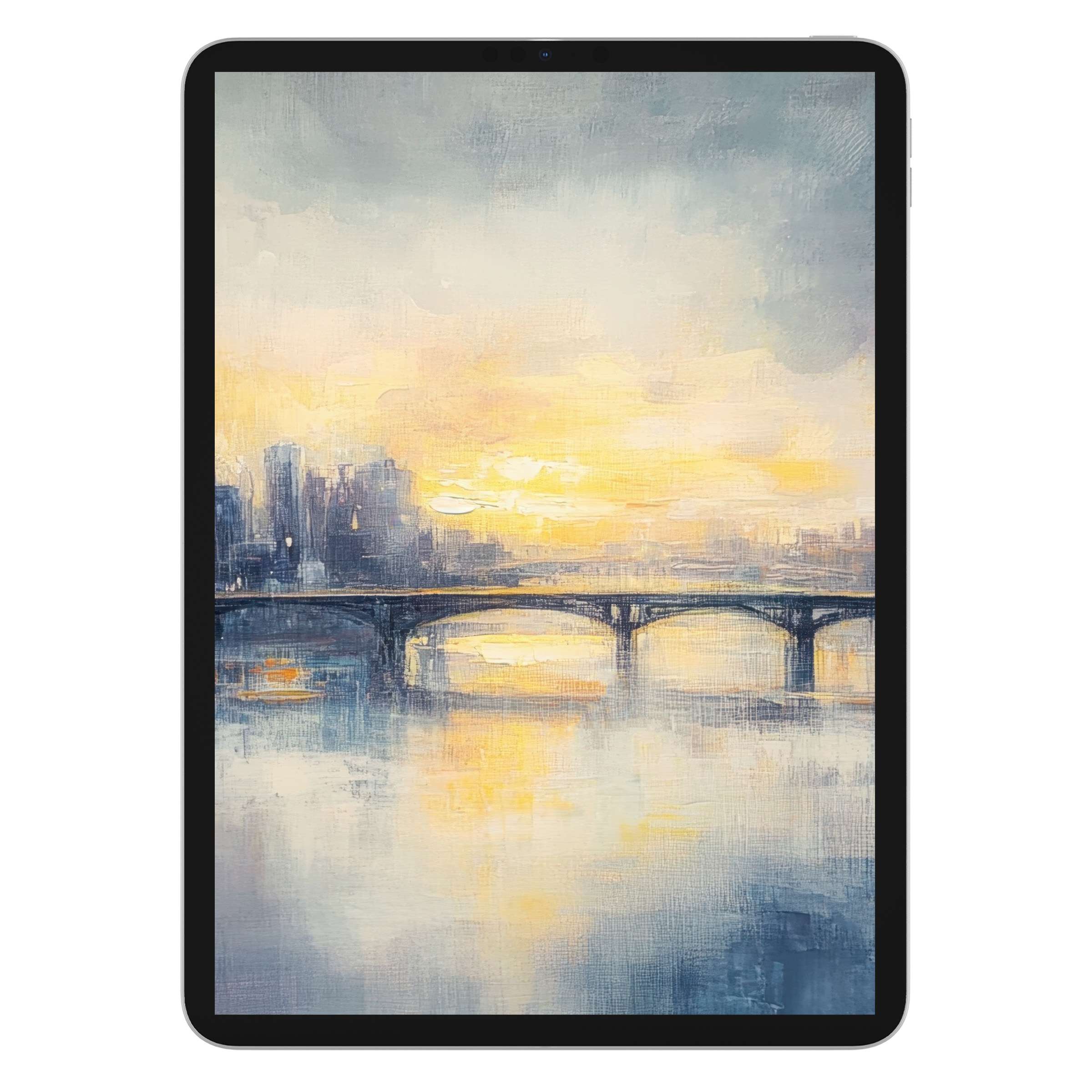 Urban art iPad wallpaper featuring a serene, painterly bridge scene with soft pastels, ideal tablet background digital download