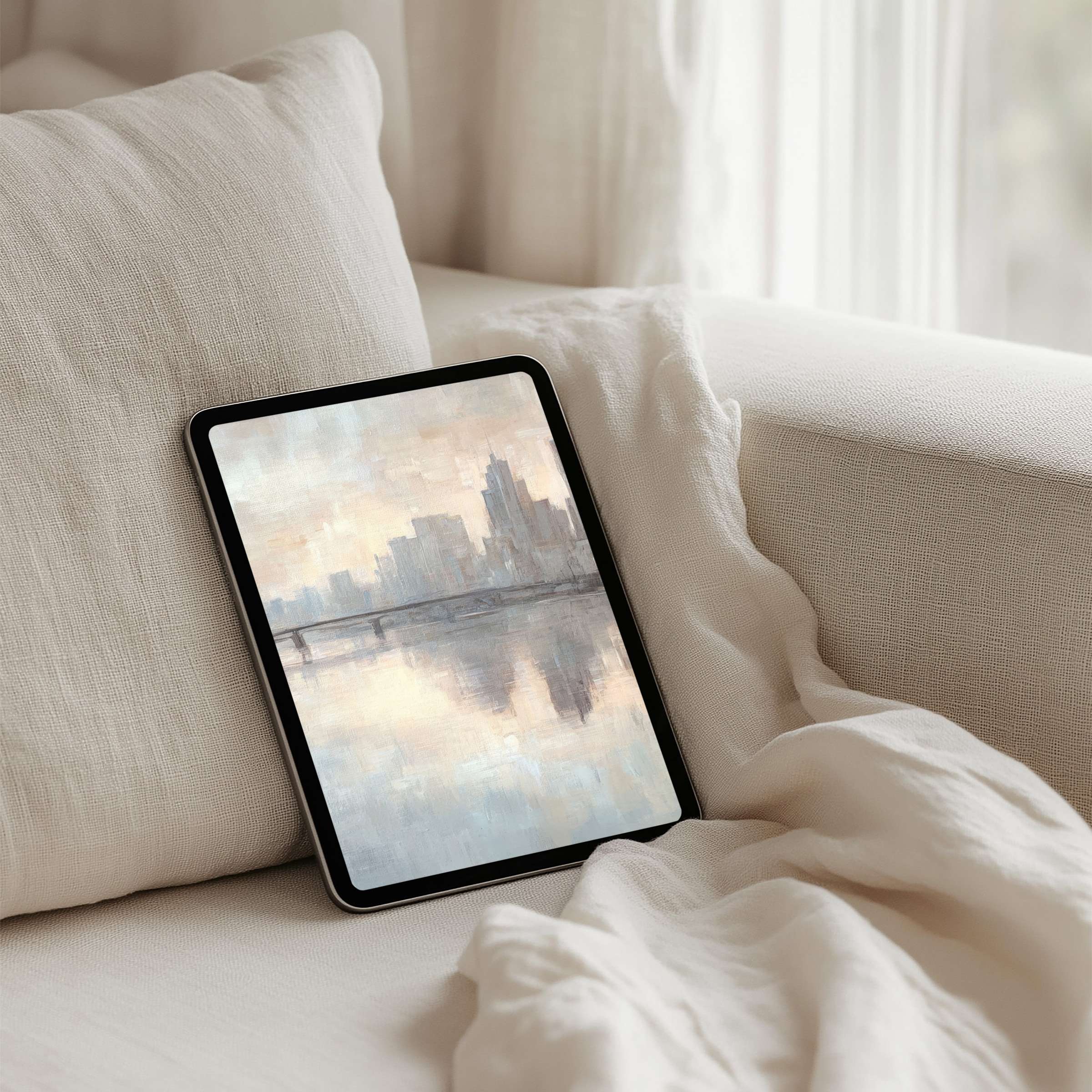 Elegant iPad background with soft cityscape reflection offers calm inspiration for instant download on all tablets