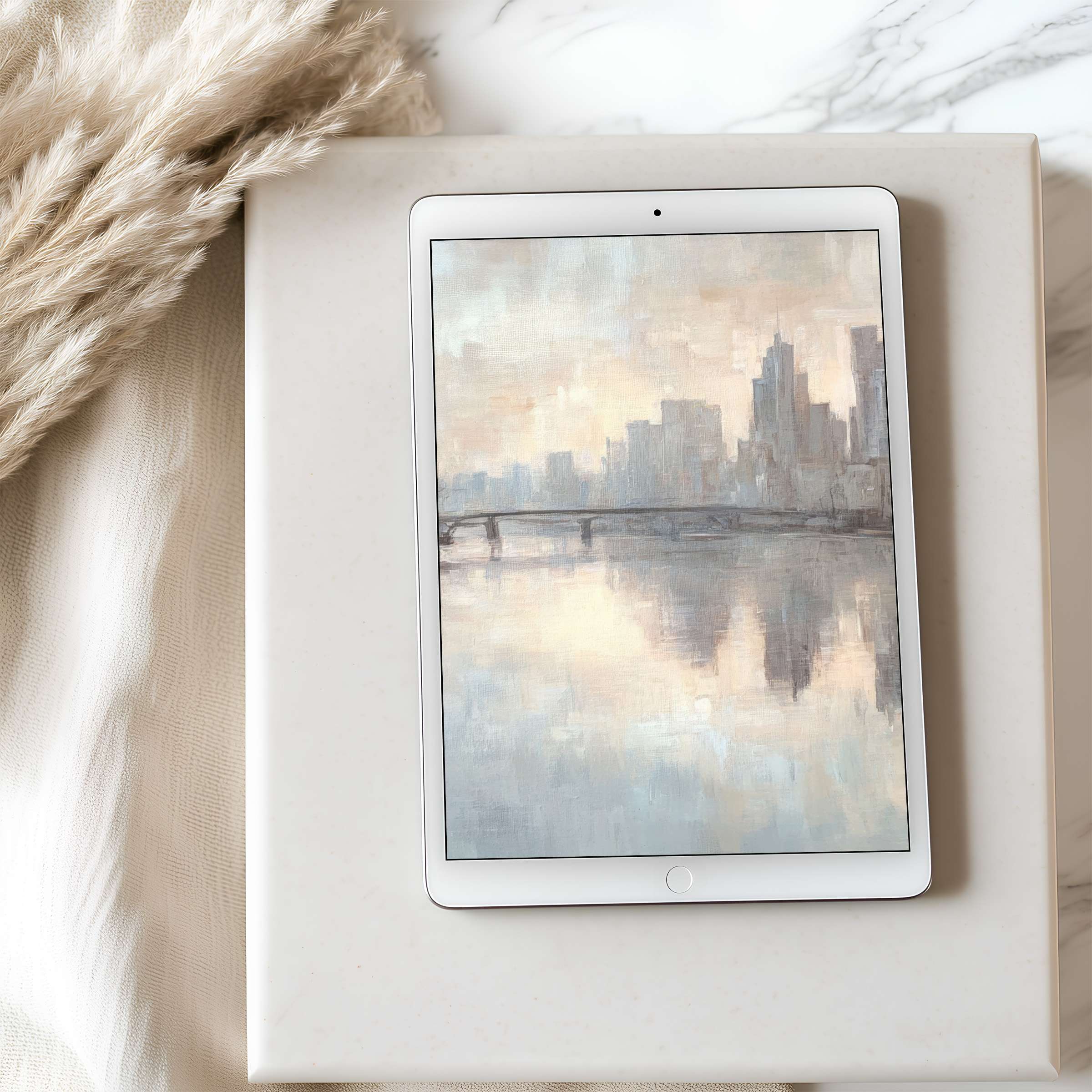 Elegant cityscape tablet wallpaper in soft pastel tones offers calm and beauty, perfect for high-resolution iPad or Android download