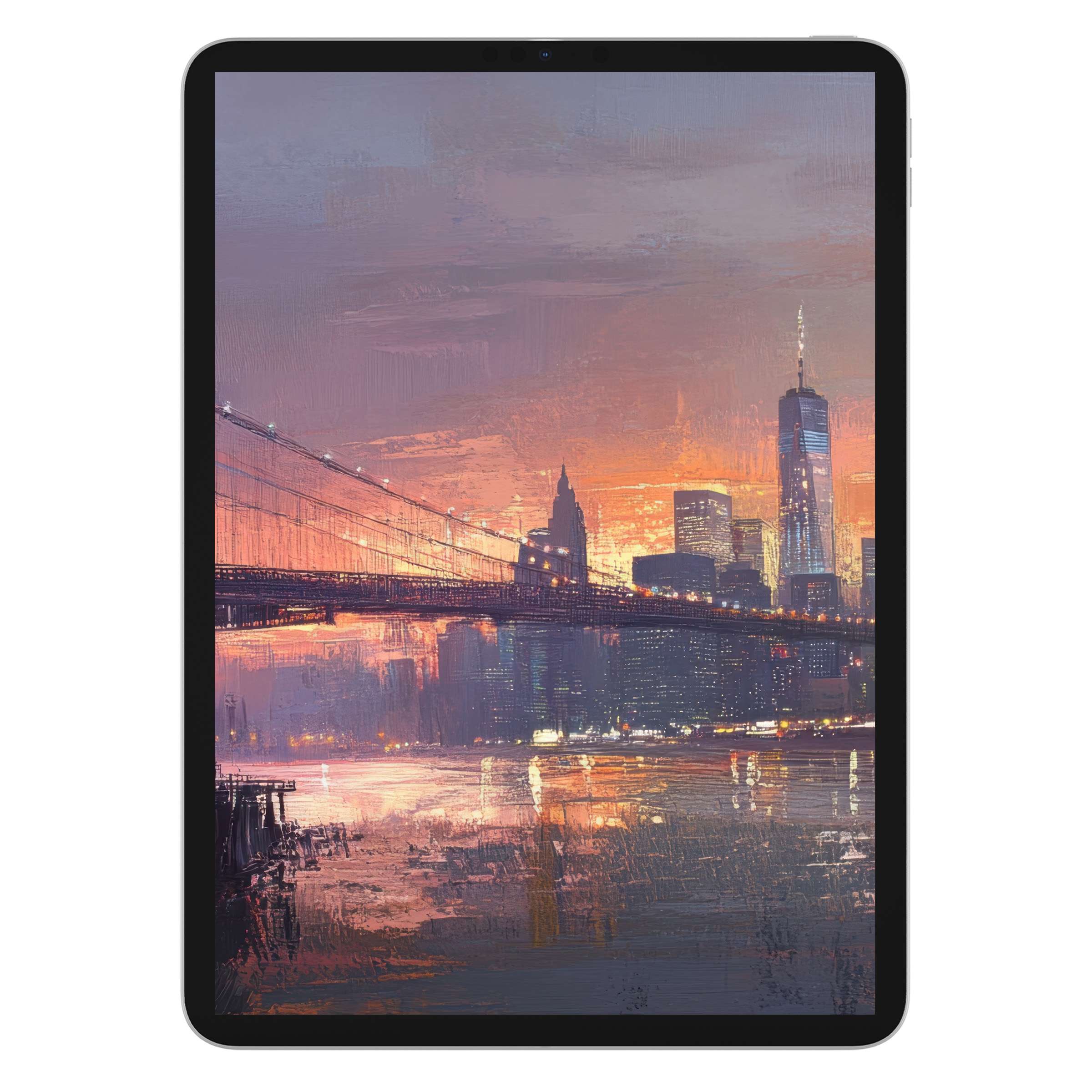 Urban art iPad wallpaper featuring a serene city skyline at sunset, digital download for a chic tablet background ambiance