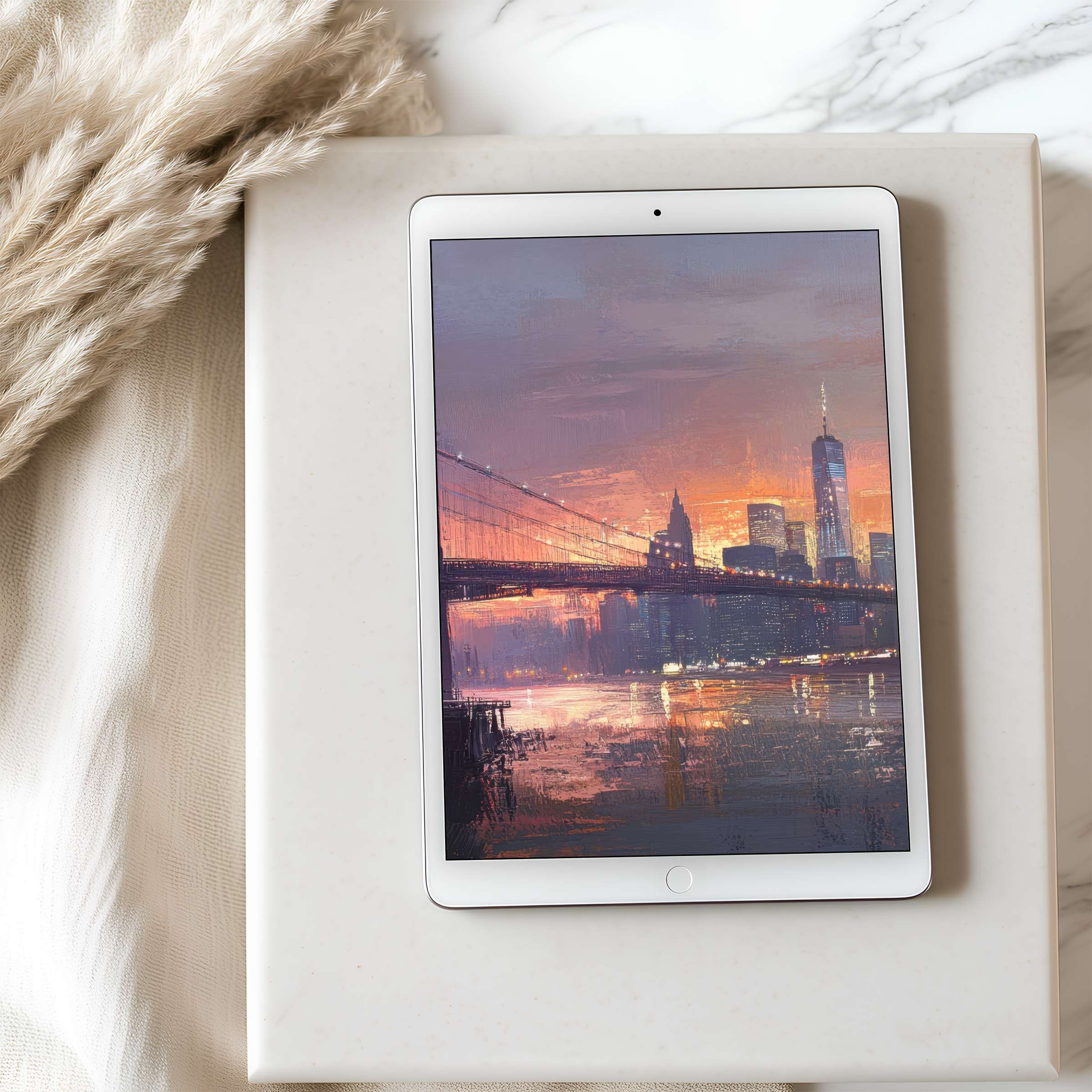 Elegant sunset cityscape tablet wallpaper in high resolution, blending warm hues with urban tranquility for iPad and Android use, digital download