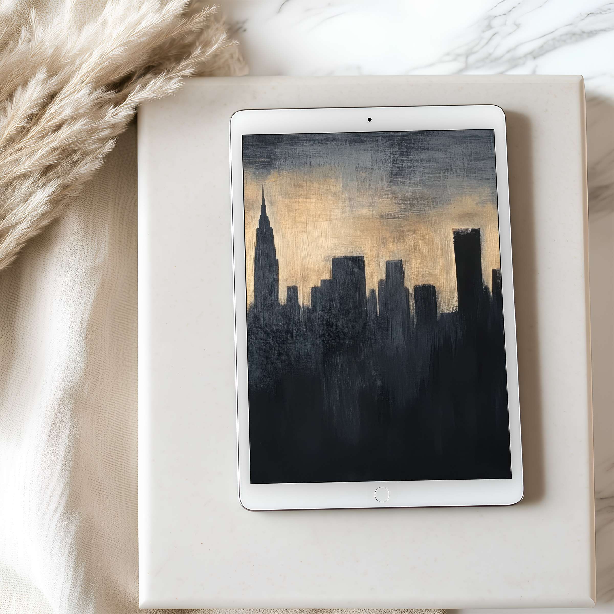 Elegant tablet wallpaper featuring a city skyline at dusk, ideal for high resolution iPad or Android backgrounds, digital download