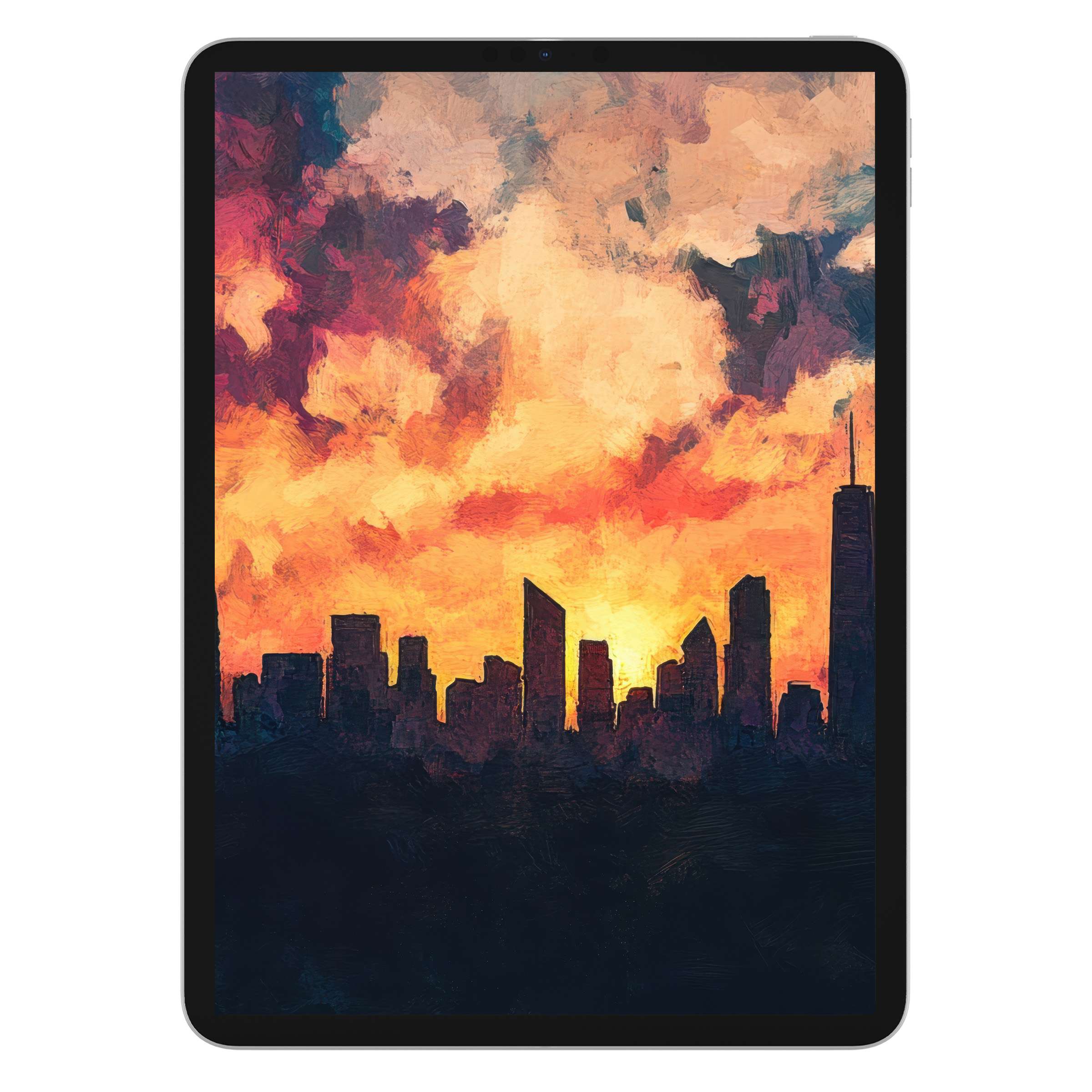 Urban art iPad wallpaper features a vibrant sunset skyline, perfect for digital download as a calming tablet background