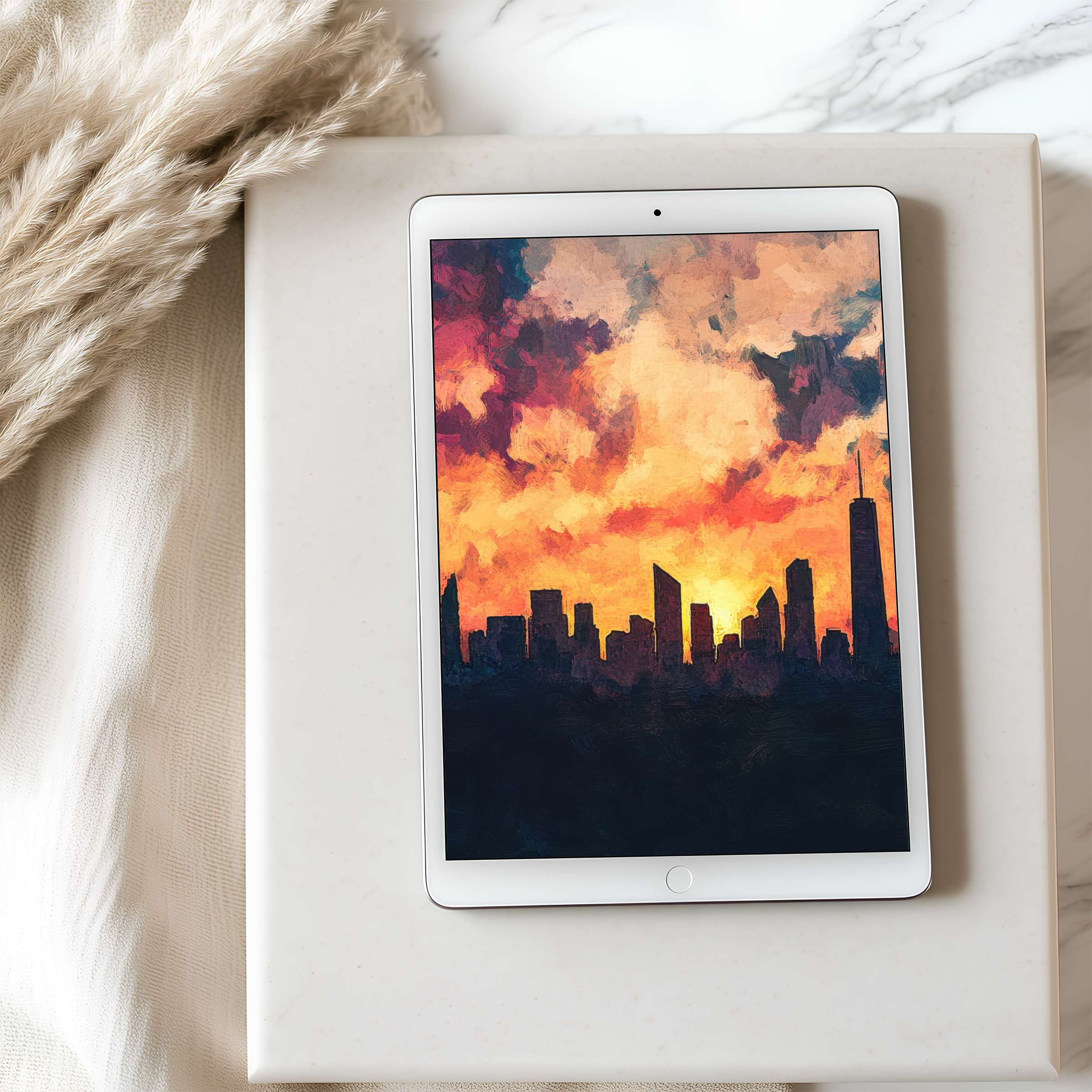Elegant tablet wallpaper with a serene city skyline at sunset in rich hues, perfect for iPad and Android tablets, digital download