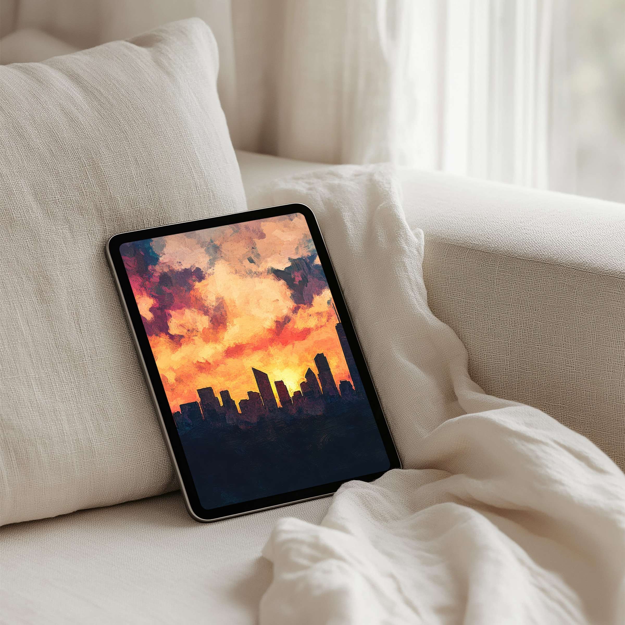Elegant urban sunset painting as an iPad background brings calm inspiration to any tablet with instant download for mindful living
