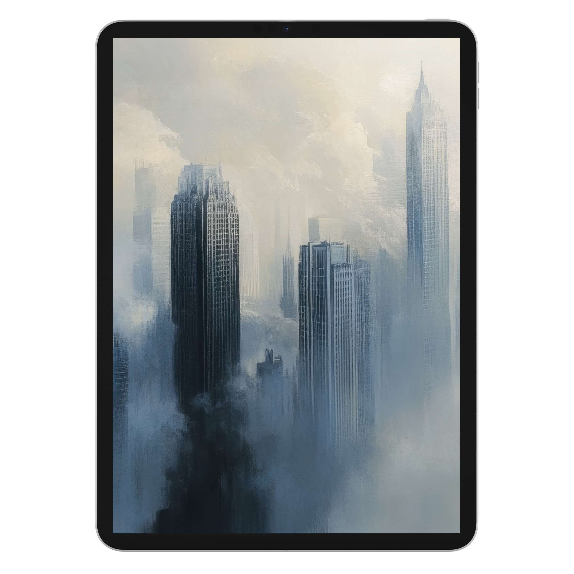 Urban art iPad wallpaper featuring foggy skyscrapers in soft hues creates a serene digital download for tablet backgrounds