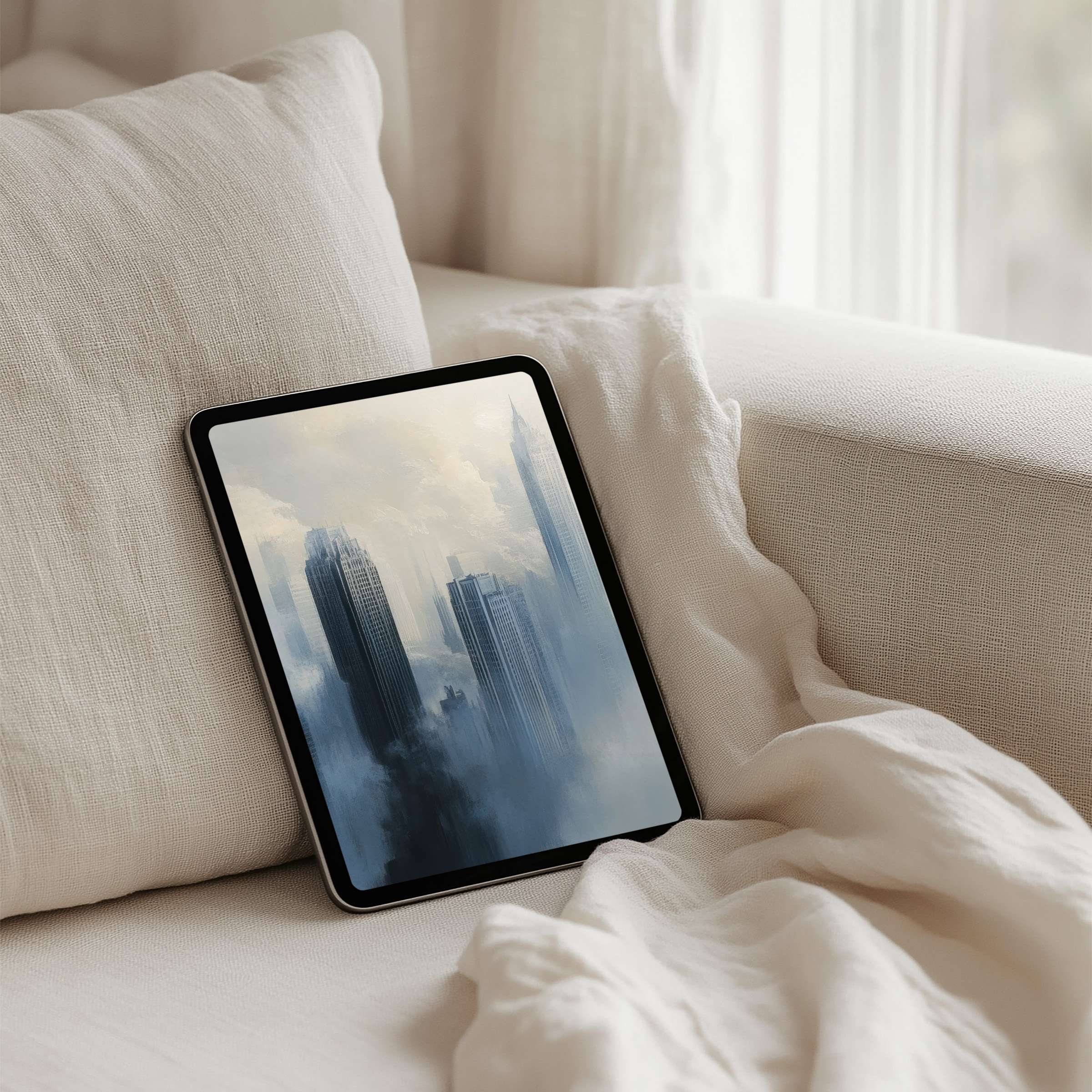 Elegant cityscape iPad background with soothing misty hues for instant download fits iPad Samsung Android tablet screens
