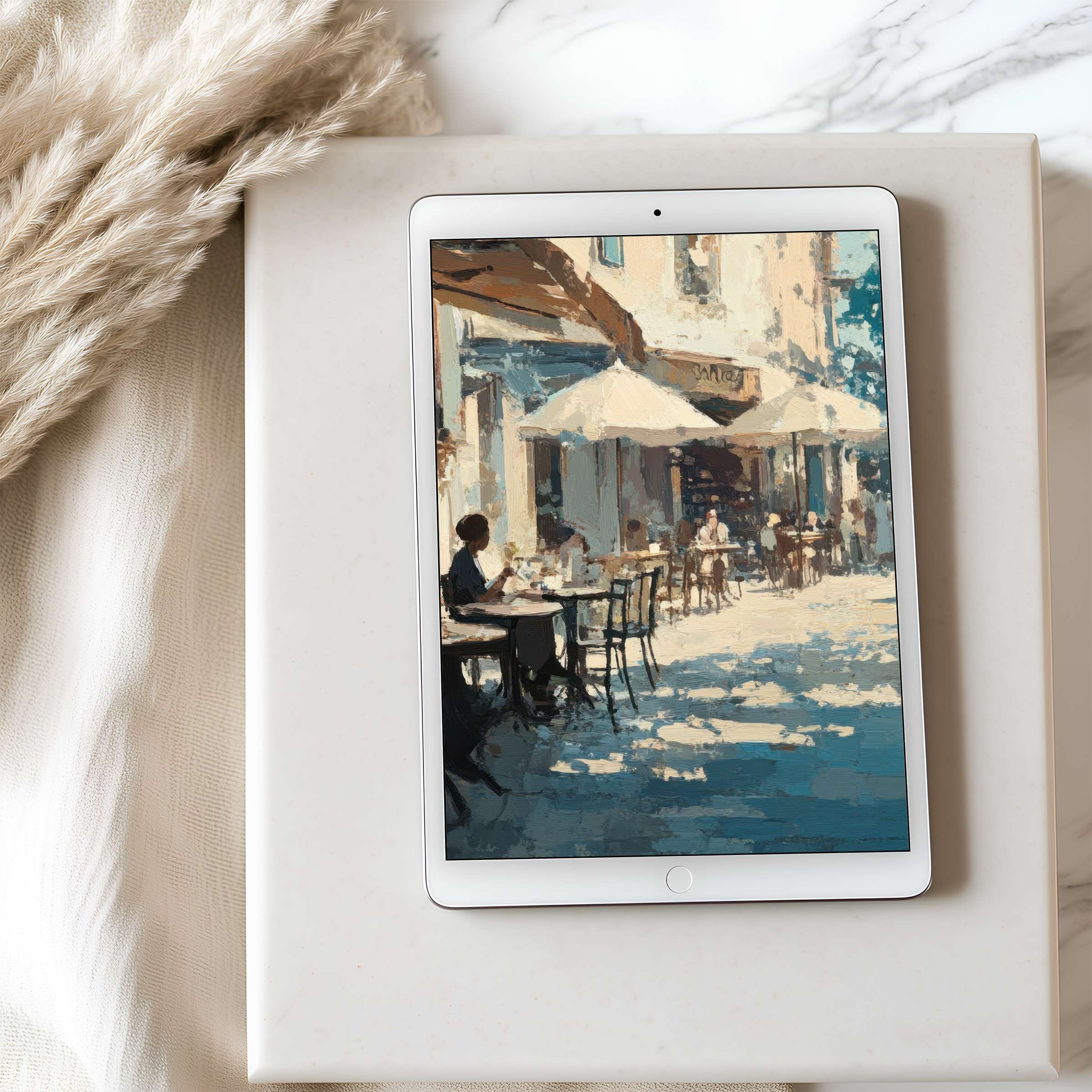 Elegant tablet wallpaper featuring a sunny café scene with soft brushstrokes in calming hues ideal for high-resolution digital download