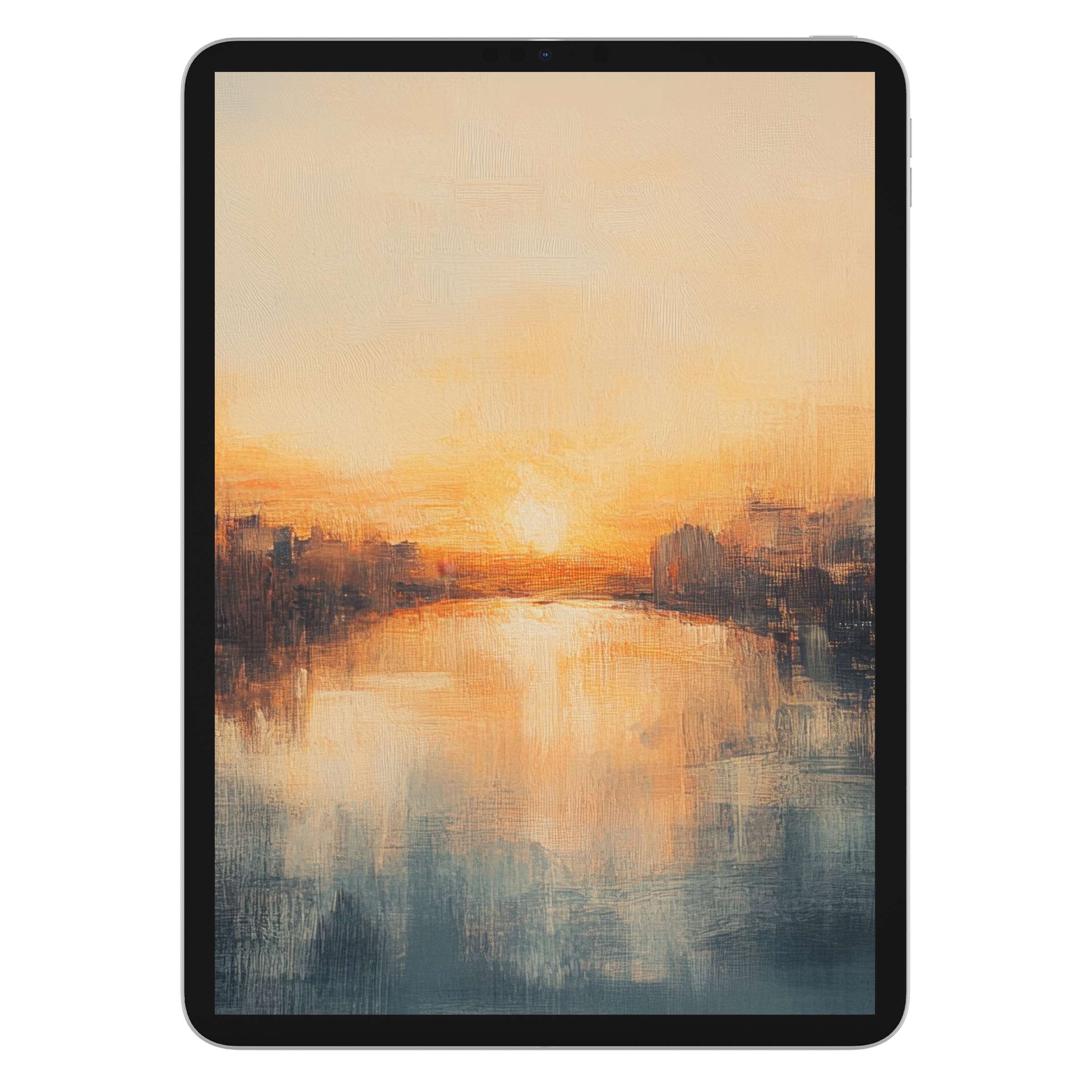 Urban art iPad wallpaper showcasing a serene sunset over water in rich textures, ideal tablet background for digital download elegance