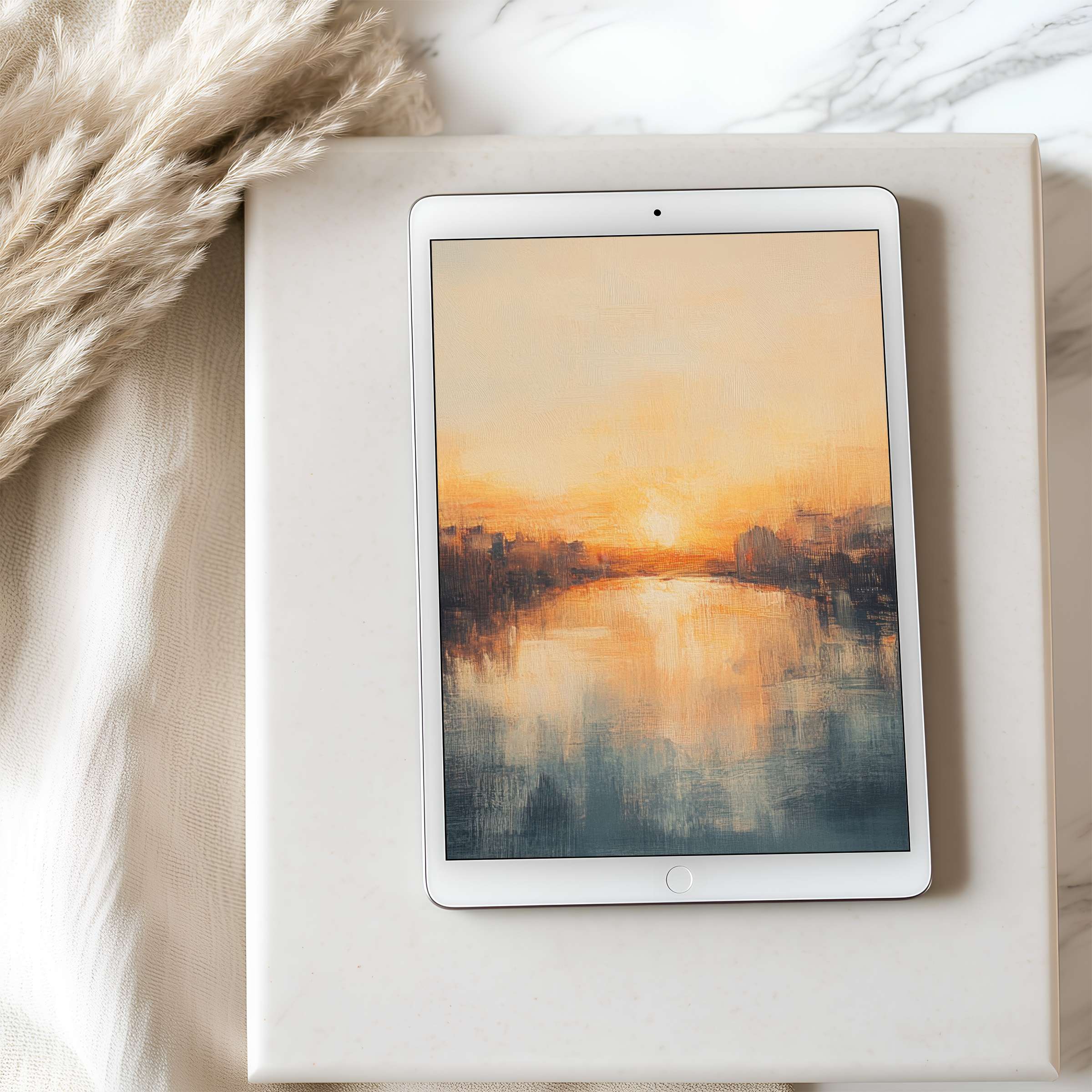 Calm sunset art for tablet wallpaper, featuring warm orange hues and serene reflections, perfect for high-resolution iPad or Android download