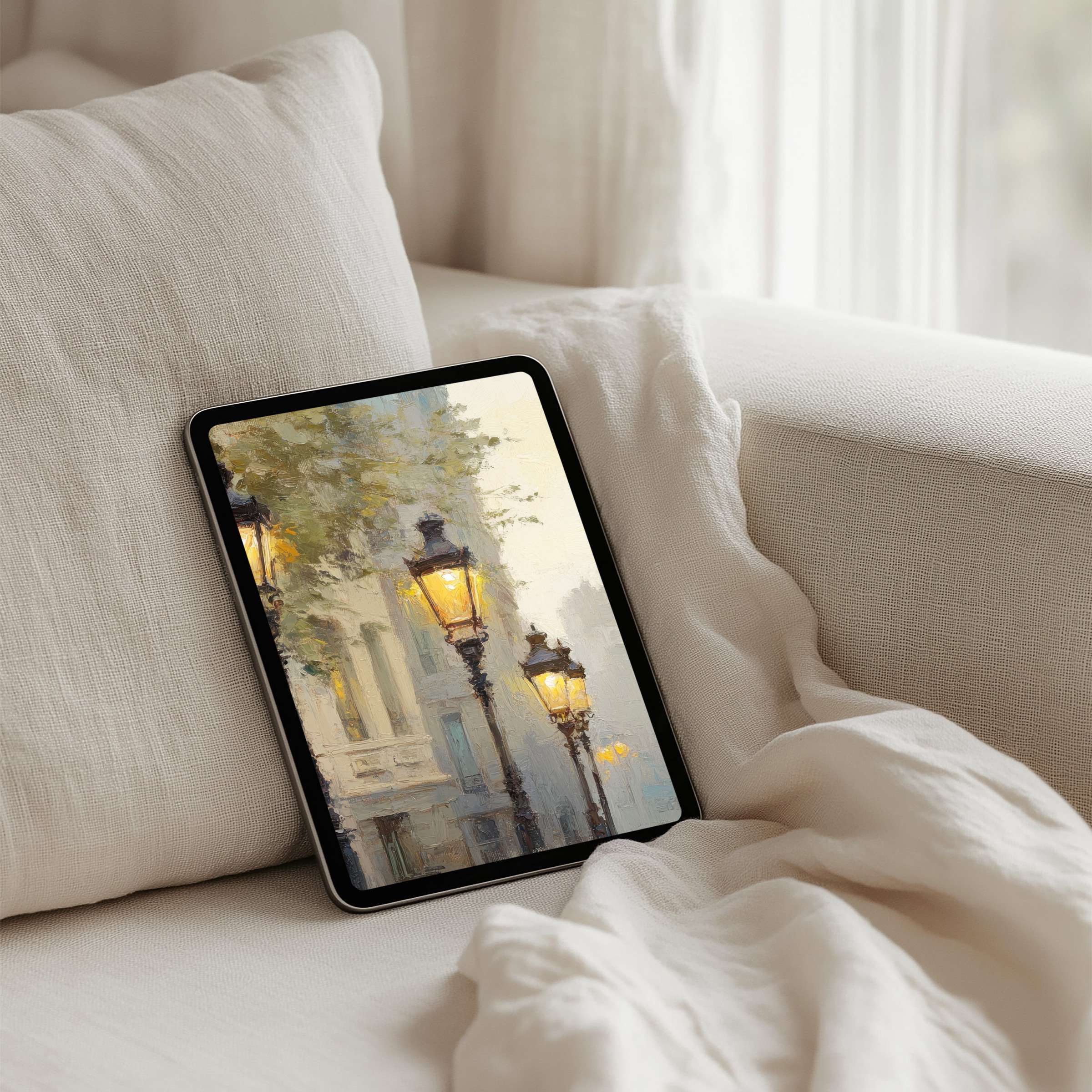 Cozy iPad background with dreamy street lamps in soft pastel hues for instant download to enhance your tablet's elegance and calm
