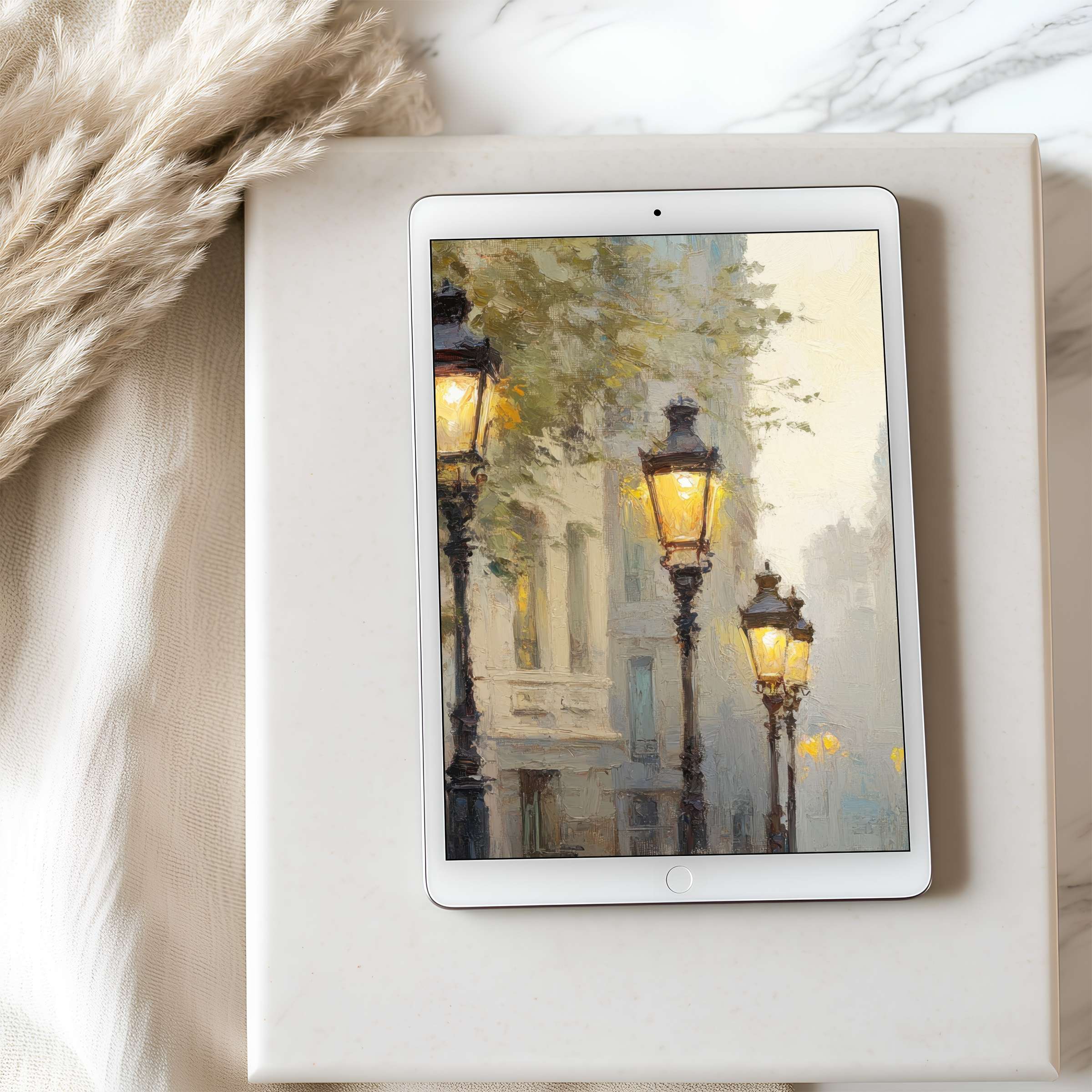 Elegant tablet wallpaper depicting vintage street lamps in a misty cityscape, perfect for high-resolution iPad download, soothing ambiance
