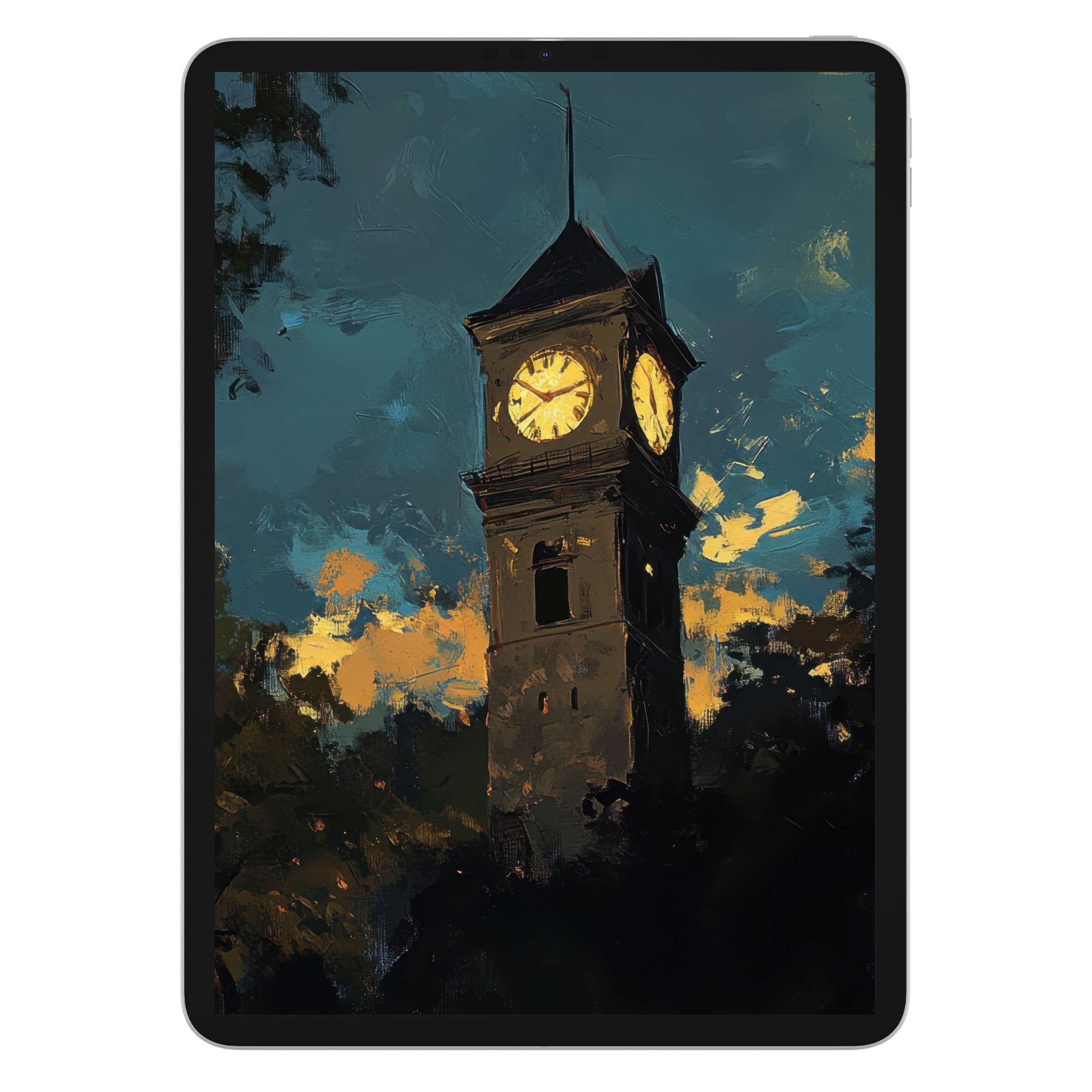 Urban art iPad wallpaper evokes calm with dark tower silhouette and sunset hues for stylish digital download tablet background