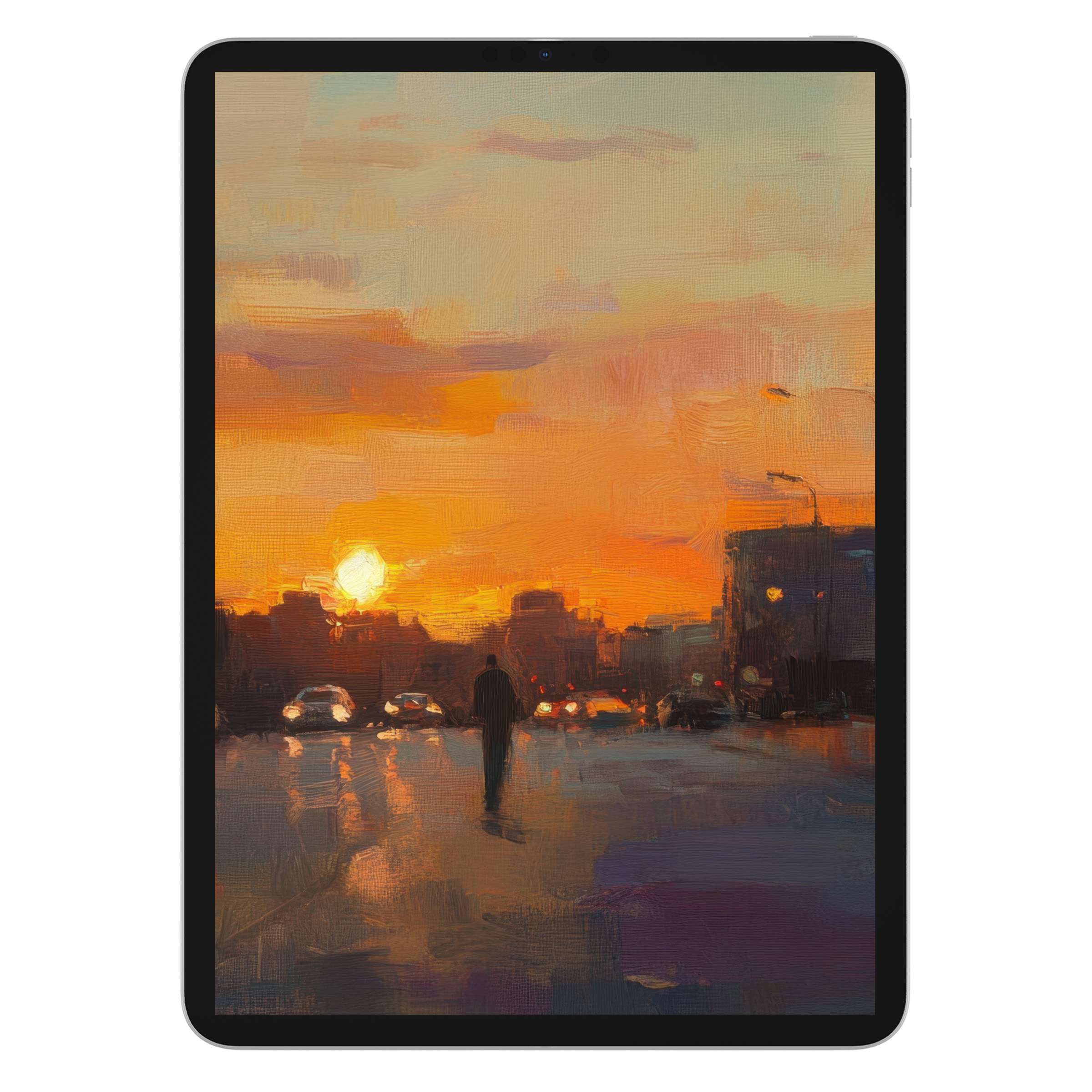 Urban art iPad wallpaper showcasing a sunset cityscape painting, vibrant hues evoke serenity; digital download ideal for tablet background use