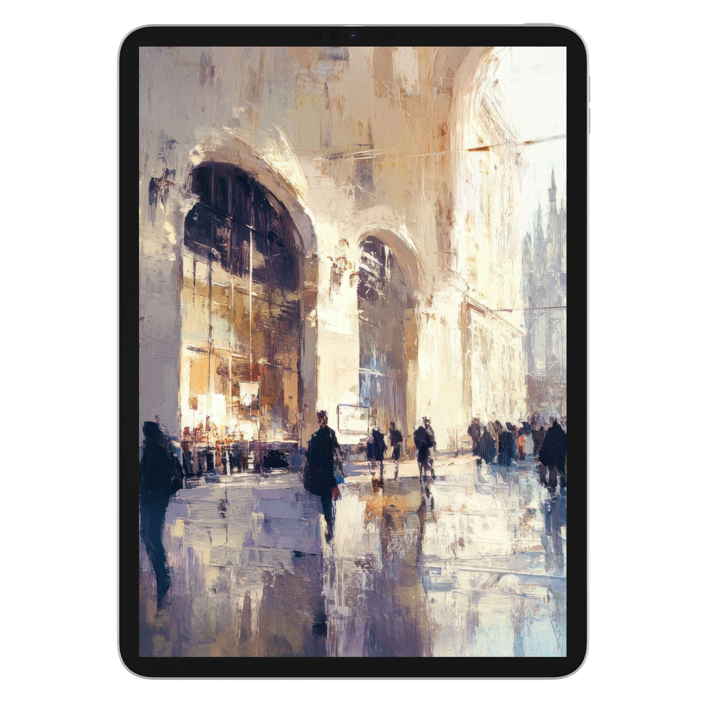 Elegant urban art iPad wallpaper captures a serene cityscape with soft hues and reflections, perfect digital download for tablet background