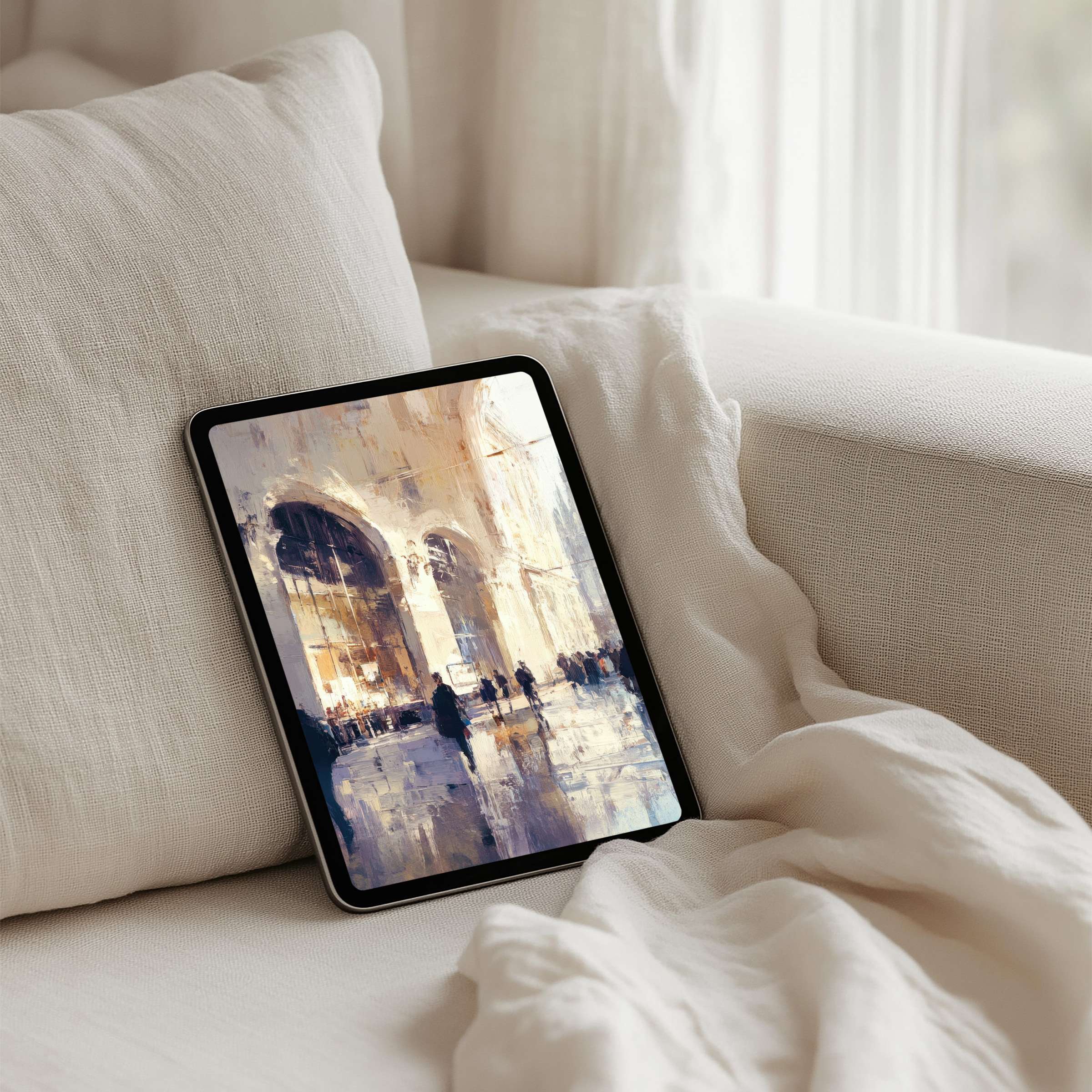 Elegant iPad background in soft hues capturing urban scene offers instant download for tablet users seeking inspiration and calm