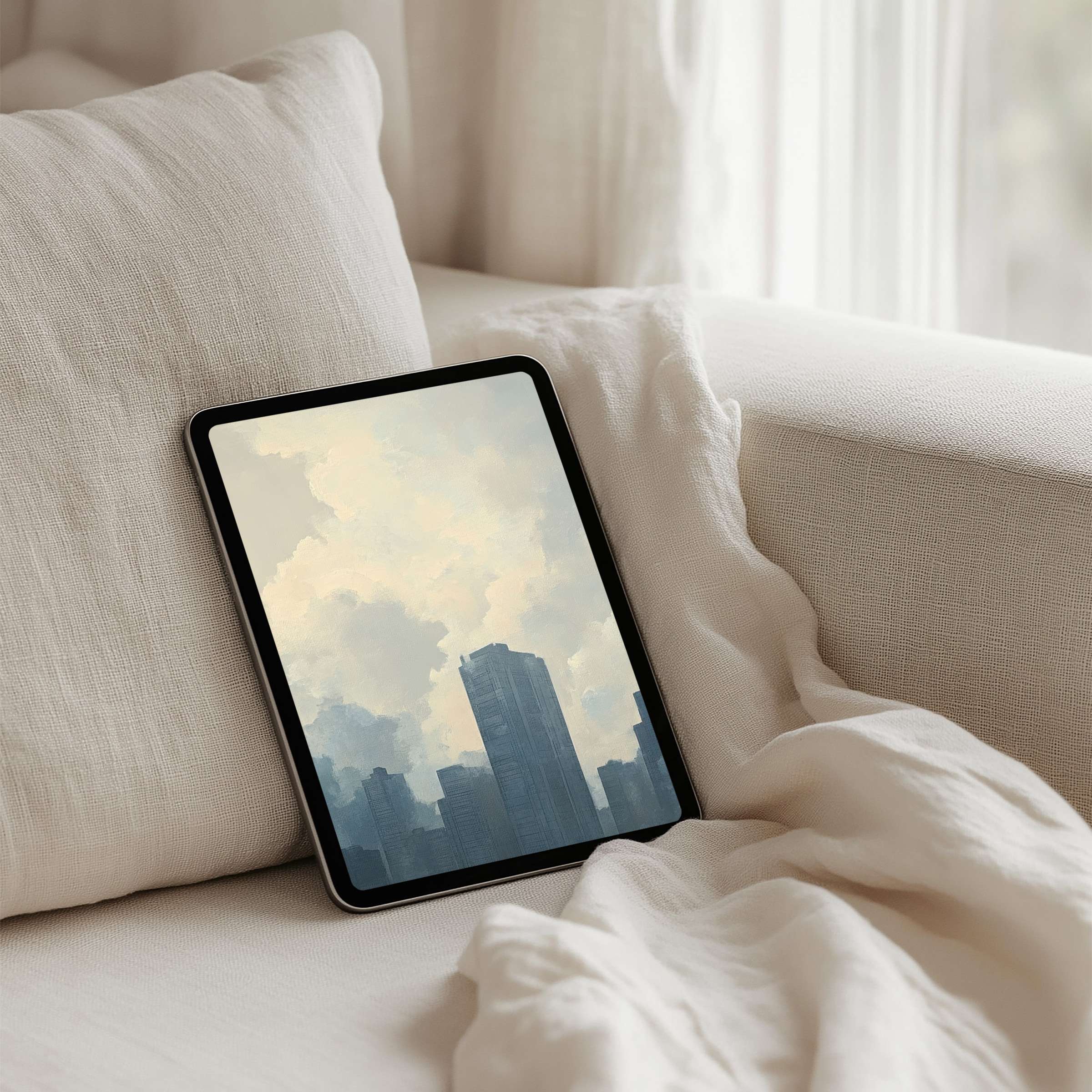 Elegant iPad background with serene skyline art in soft pastels perfect for instant download on any tablet inspiring calm mindfulness