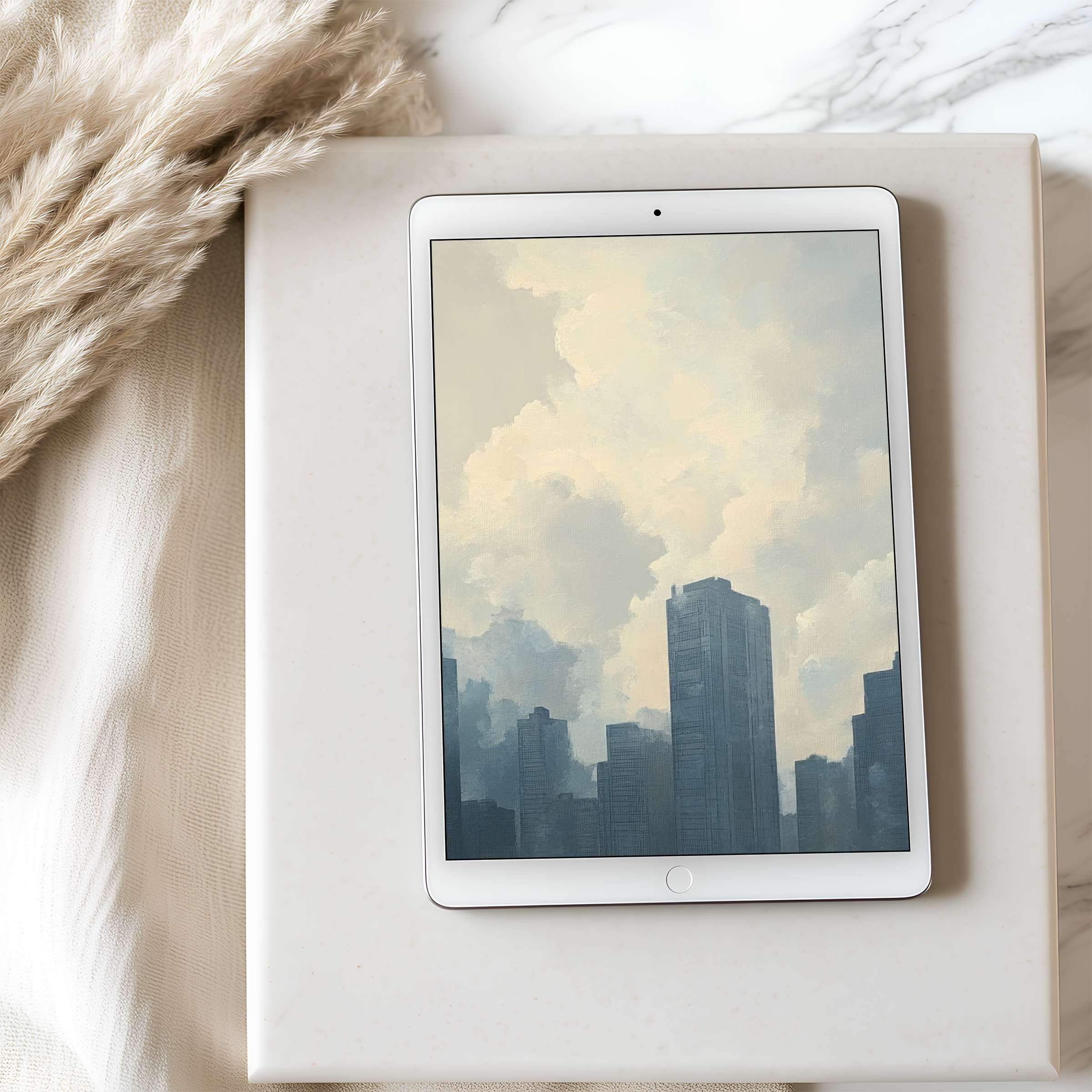 Elegant tablet wallpaper featuring serene, muted cityscape with soft clouds, perfect high-resolution digital download for iPad and Android tablets