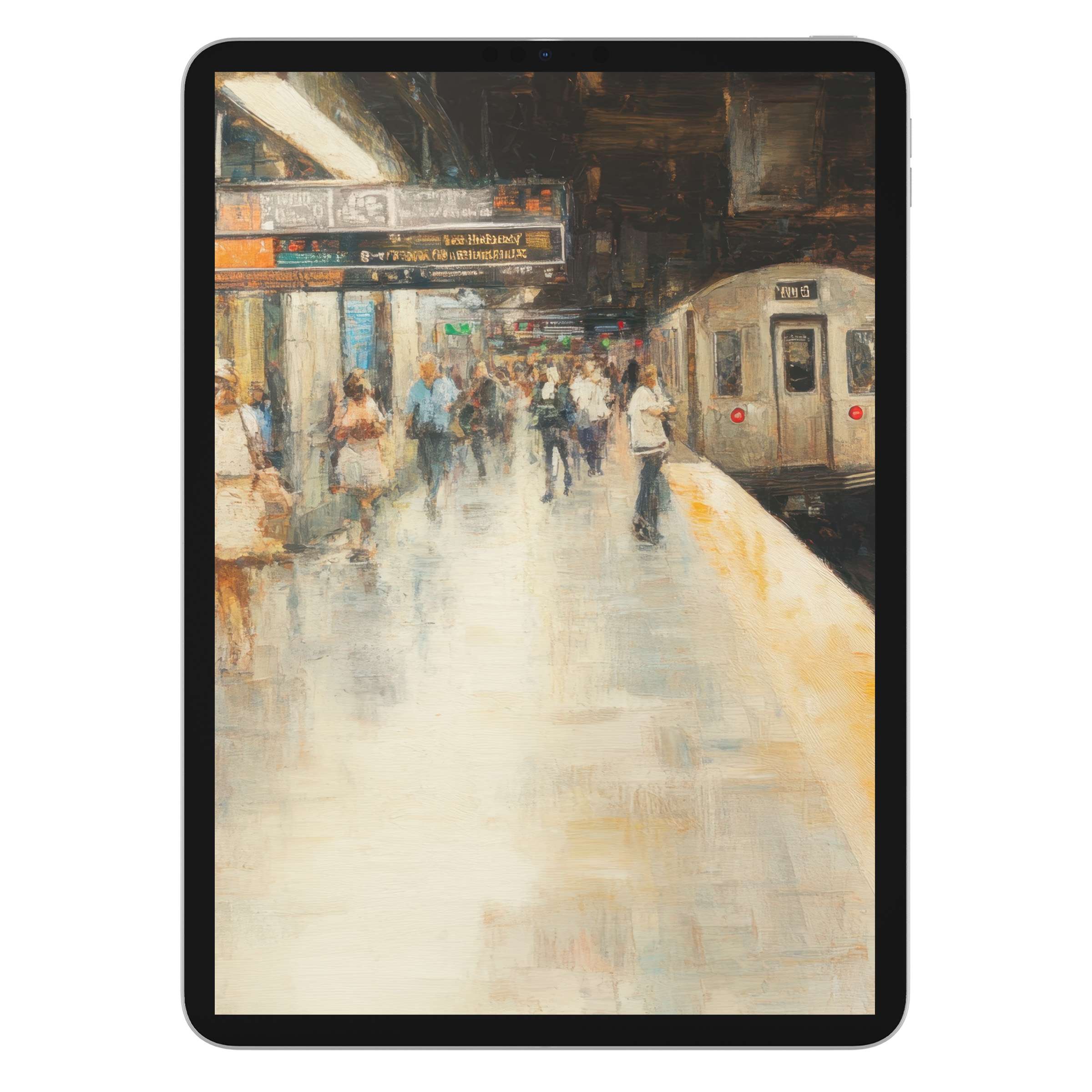 Urban art iPad wallpaper digital download features a serene subway scene with soft brushstrokes, ideal tablet background for stylish designs
