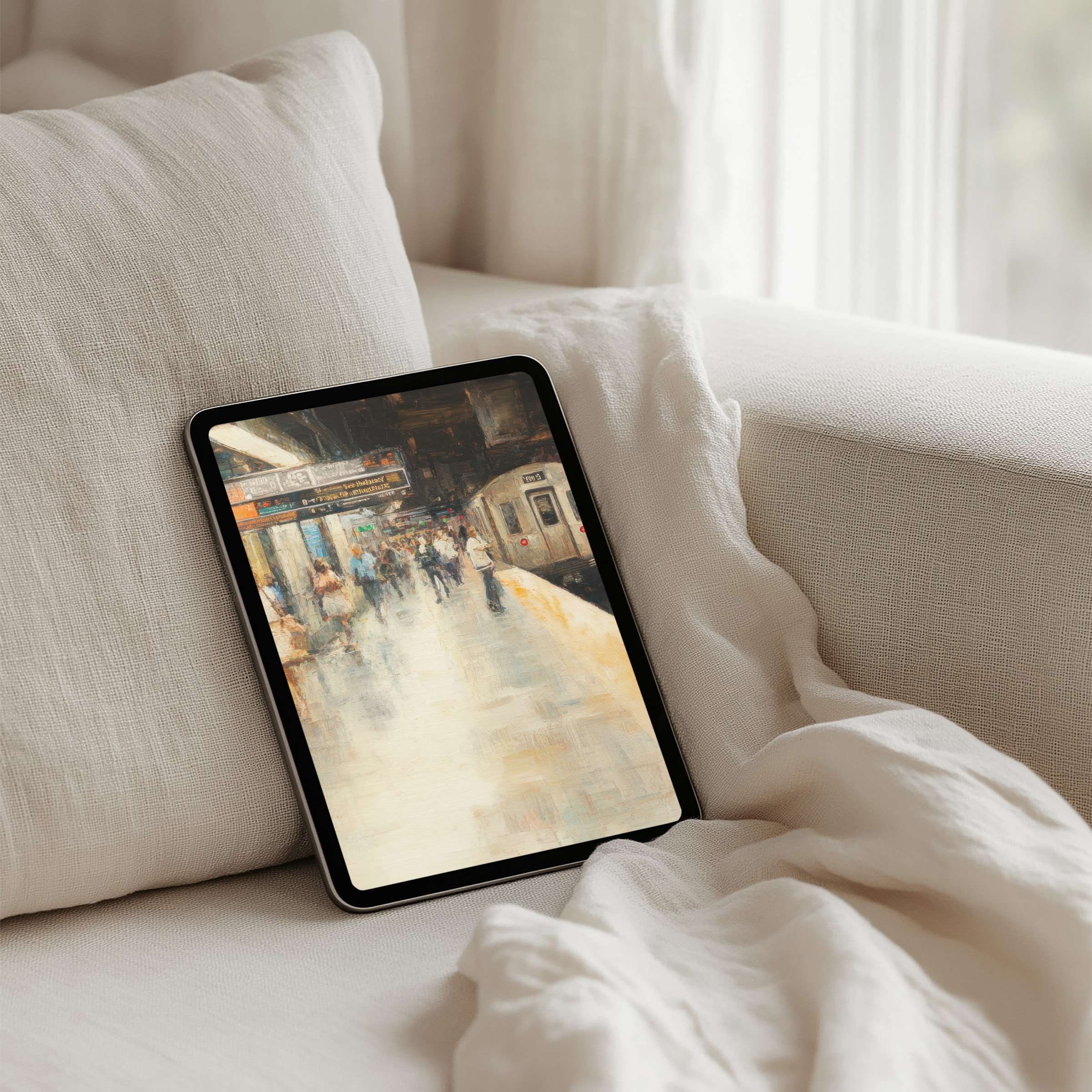 Elegant iPad background with impressionist train station art brings calm inspiration to any tablet instant download for mindful design