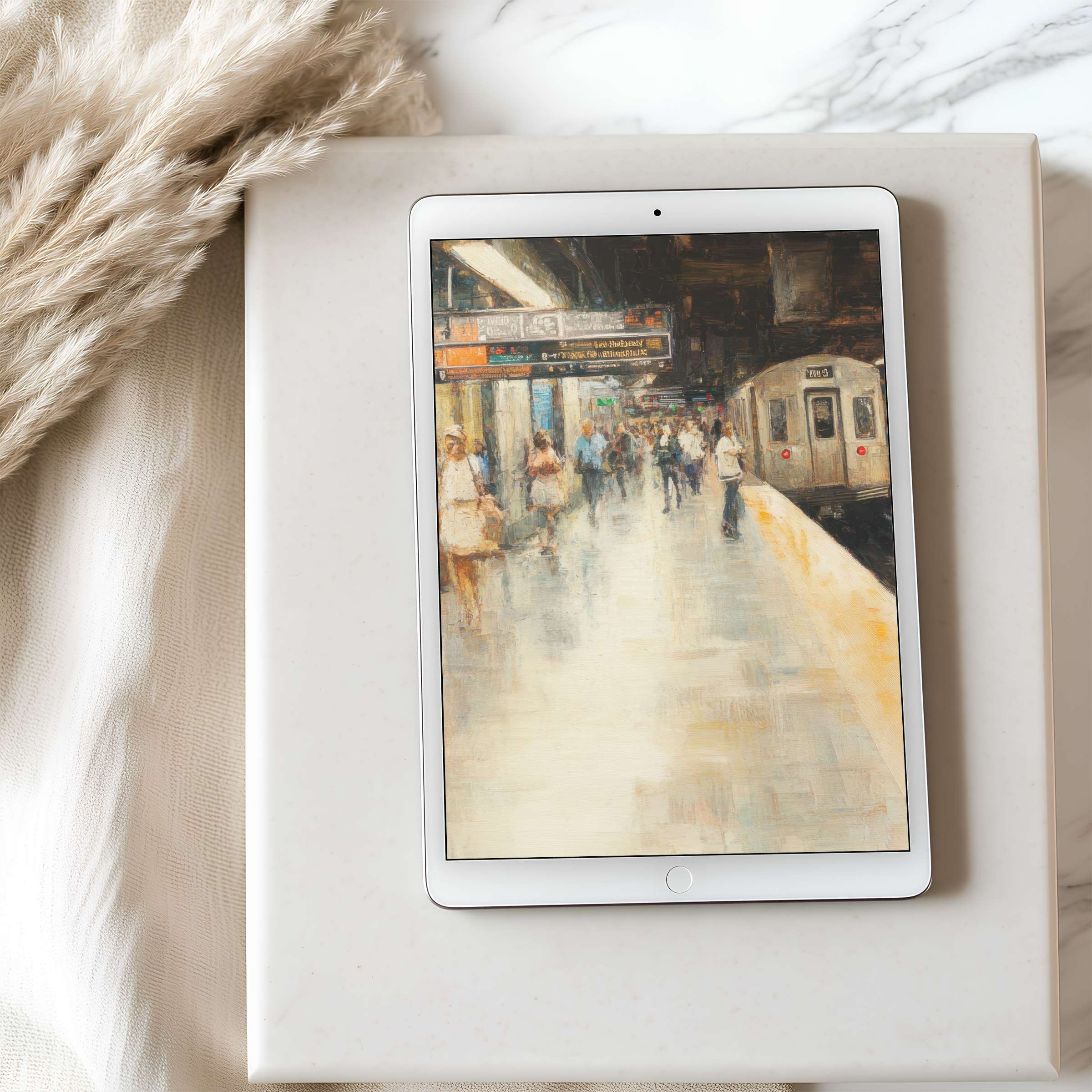 Serene abstract cityscape tablet wallpaper on iPad offers a high-resolution digital download enhancing modern interiors with calming vibes