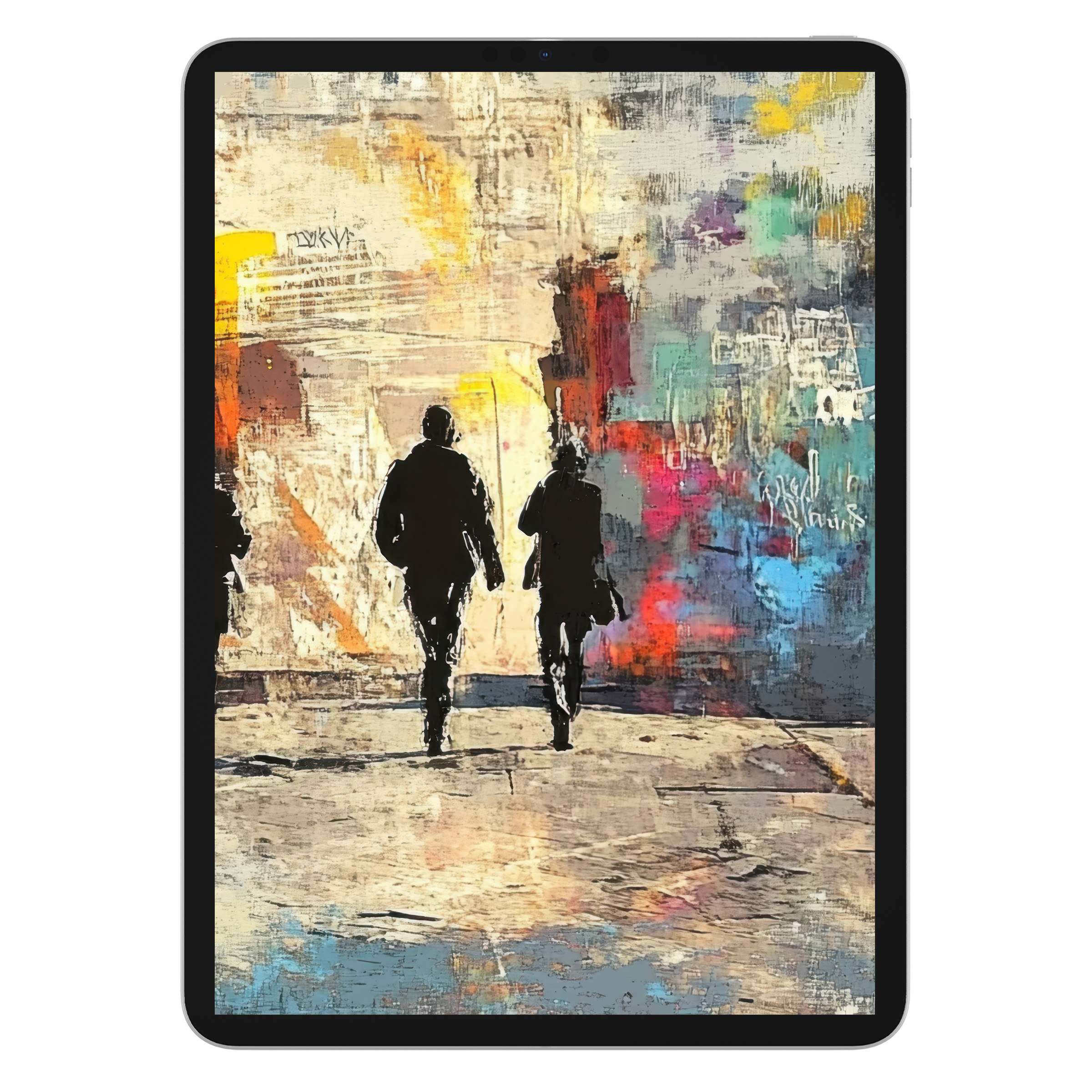 Urban art iPad wallpaper digital download featuring colorful silhouettes on textured background, ideal for Samsung and Android tablets