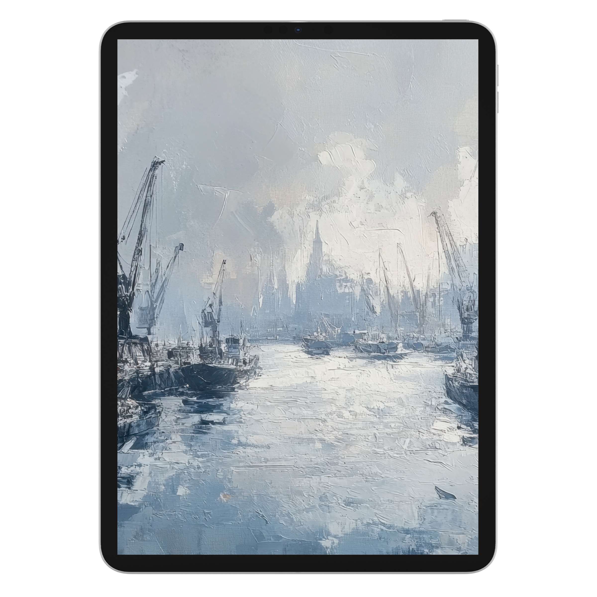 Urban art iPad wallpaper with serene harbor scene, digital download for elegant tablet background on Samsung and Android devices