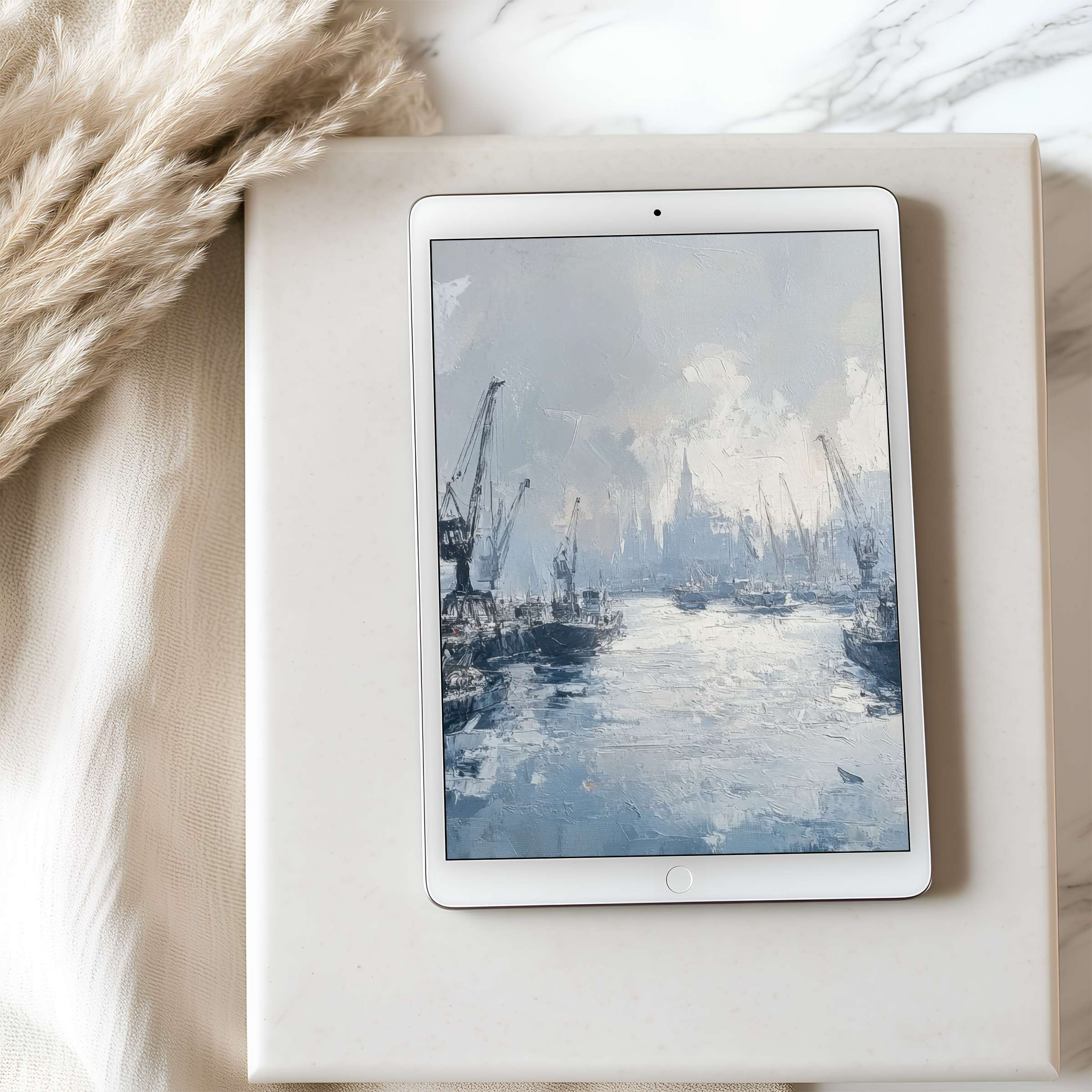 Serene harbor scene in blue-gray tablet wallpaper offers a calming, high-resolution digital download for iPad and Android users