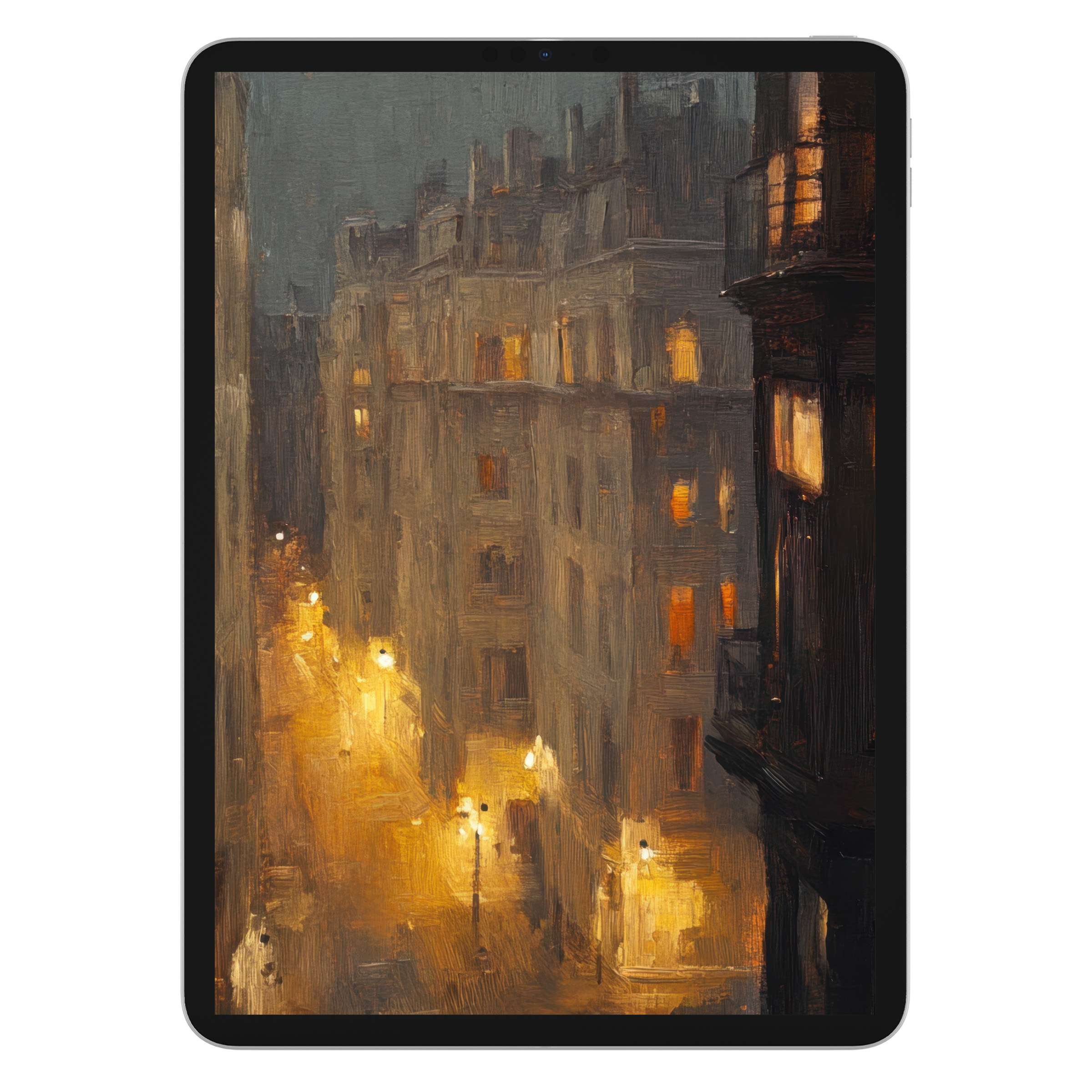 Urban art iPad wallpaper captures a serene cityscape with warm lights, perfect as a digital download background for any tablet