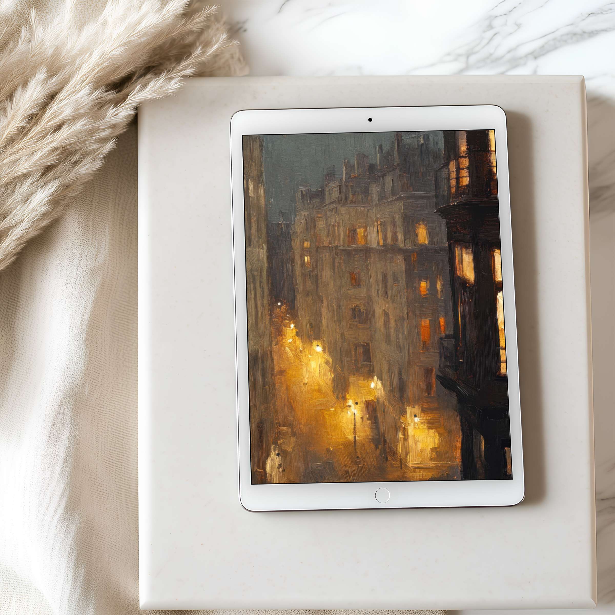 Elegant tablet wallpaper featuring moody cityscape art in warm hues perfect for high-resolution iPad digital download enhancing mindful spaces