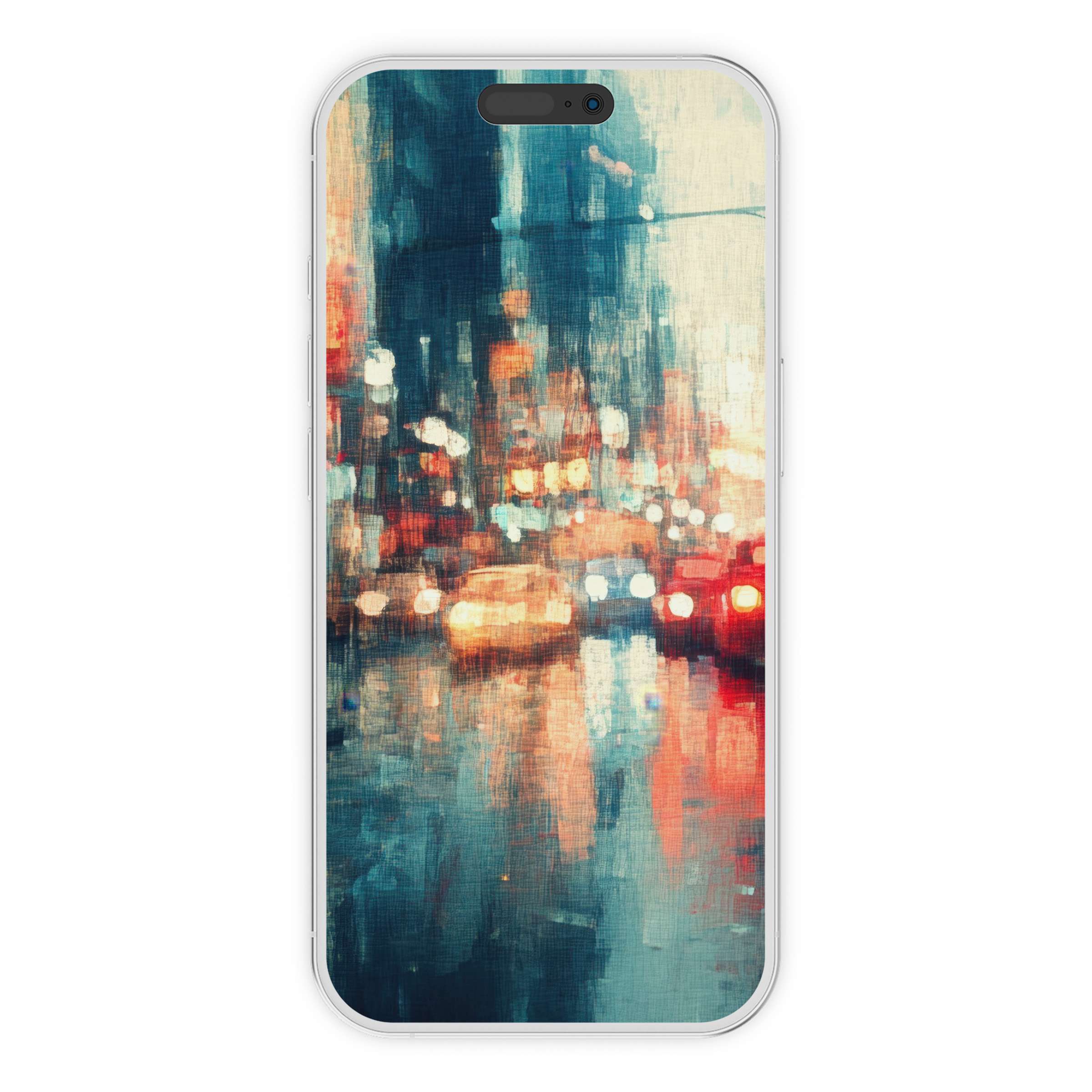 Urban art iPhone wallpaper digital download featuring vibrant city lights in abstract brushstrokes for a stylish phone background