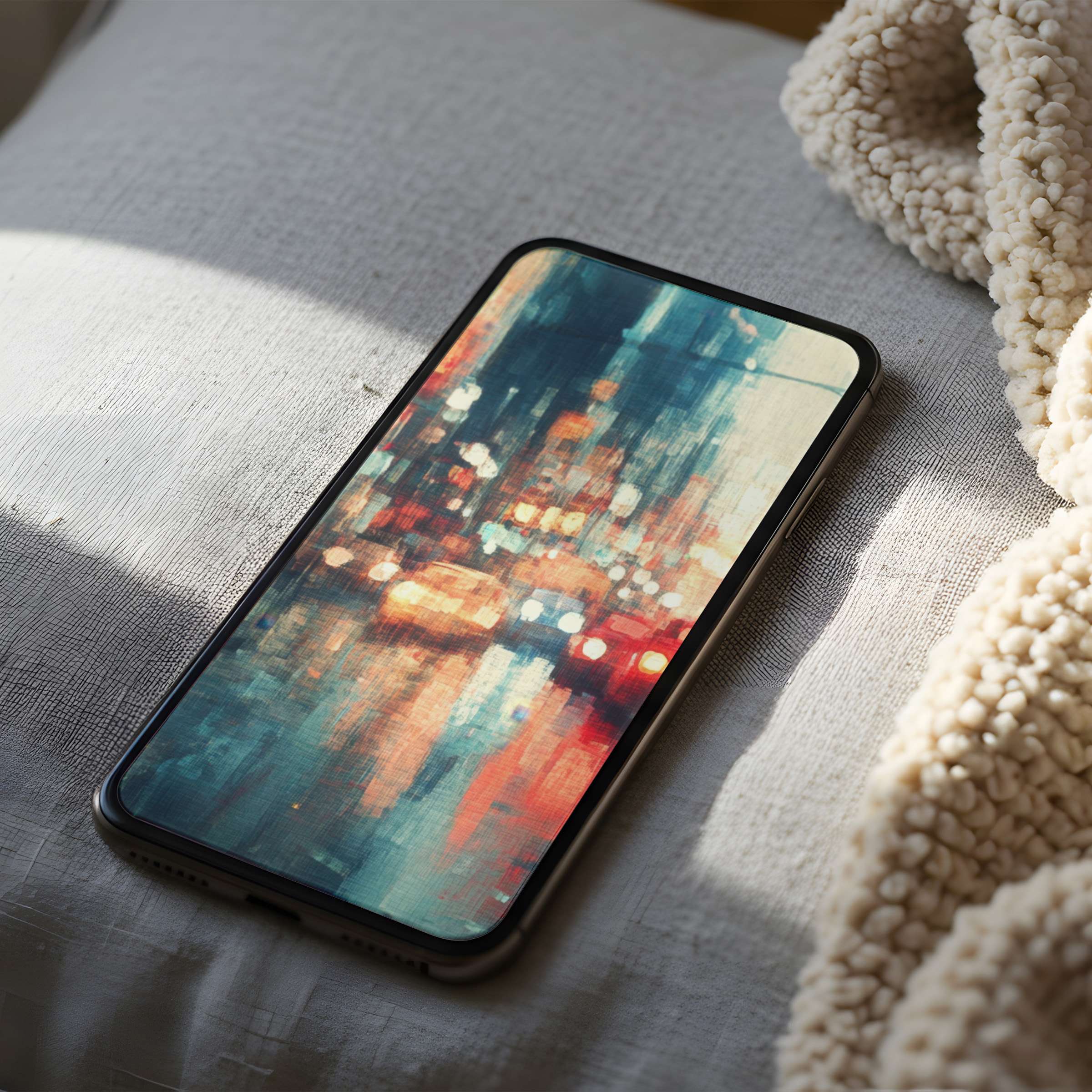 Luxurious phone wallpaper featuring impressionist city lights, bringing serene elegance to high-resolution iPhone and Android screens, perfect for digital download
