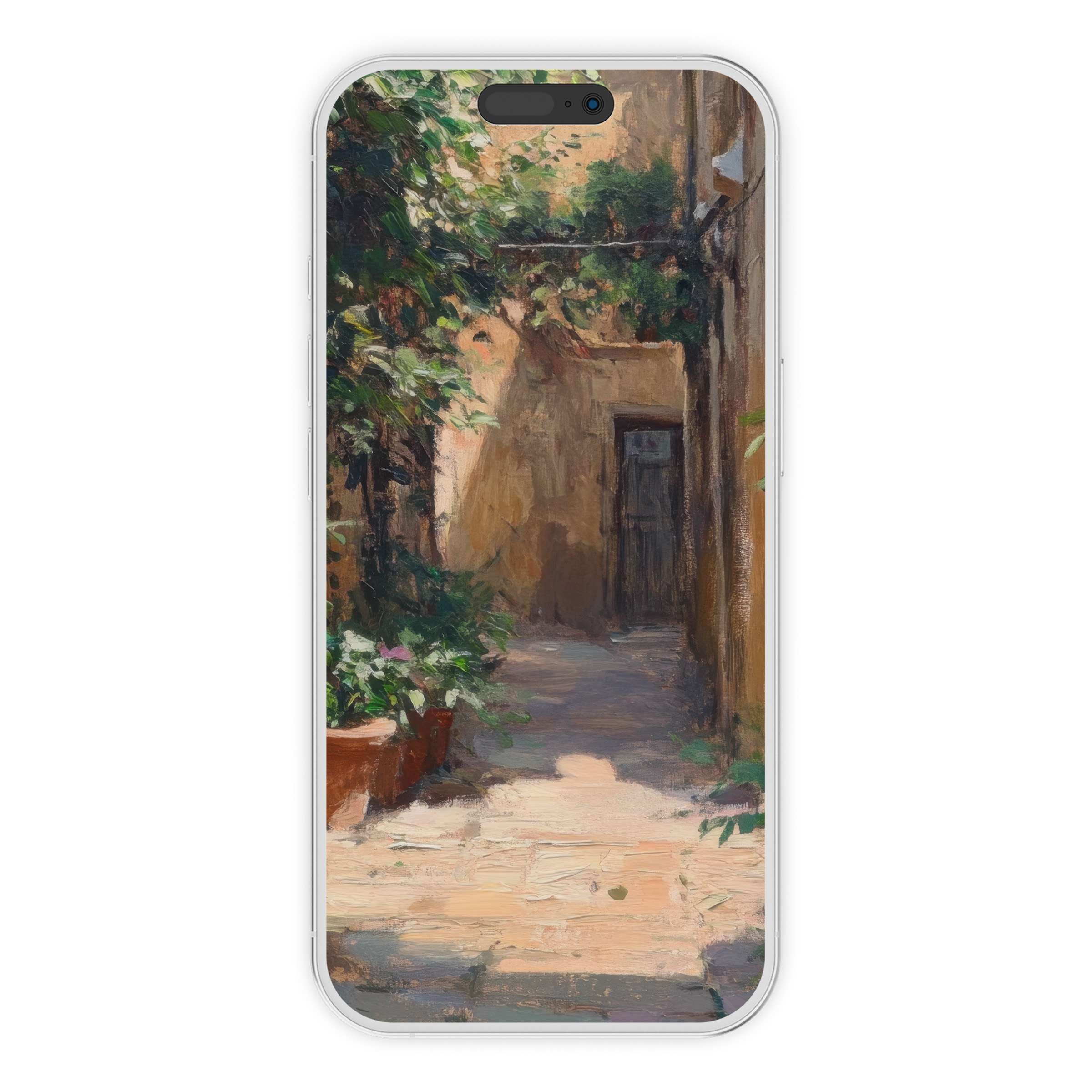Urban art iPhone wallpaper featuring a sunlit alley with lush foliage, offering a serene digital download background for any phone