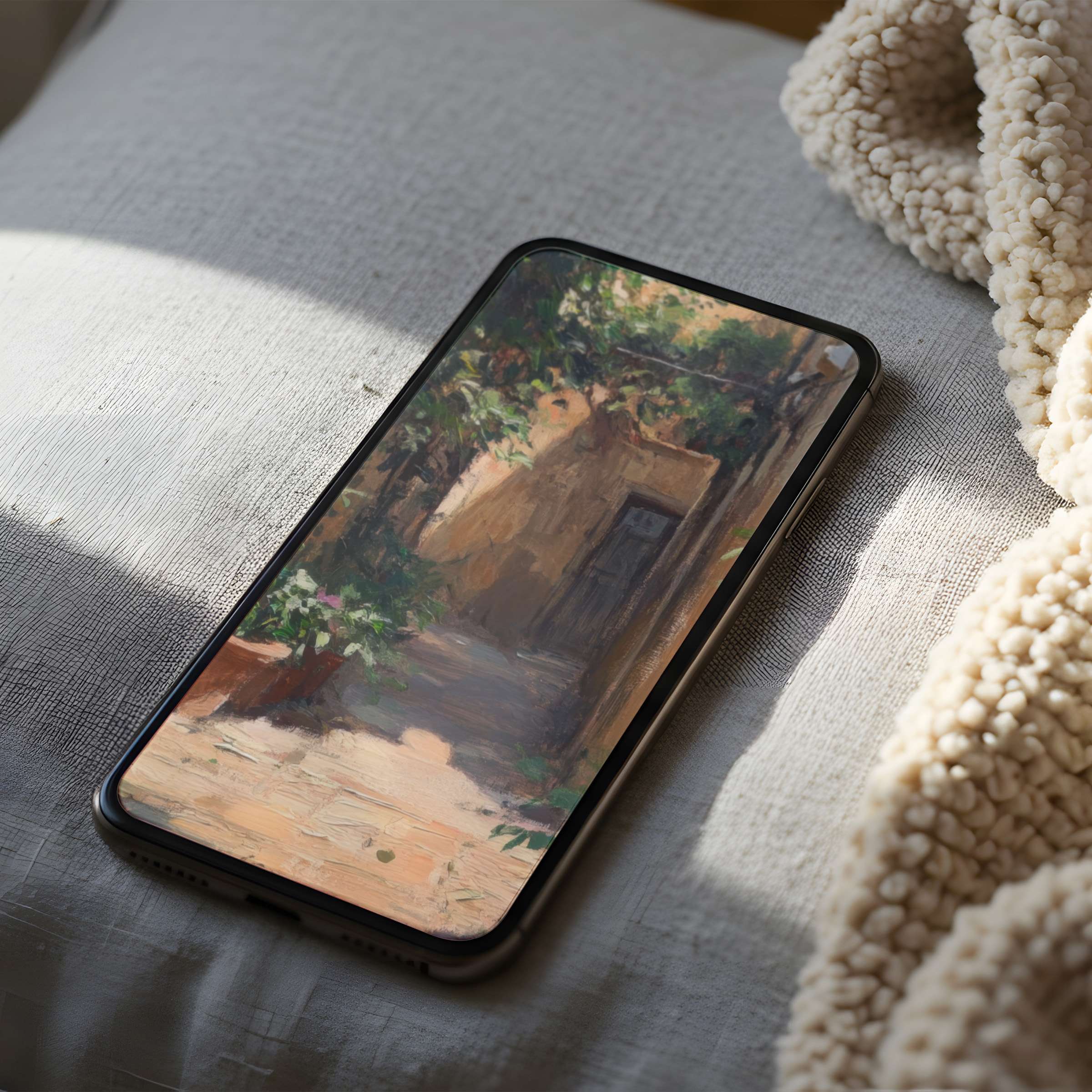 Serene phone wallpaper featuring a sunlit garden path with lush greenery on iPhone, ideal high-resolution digital download for tranquility