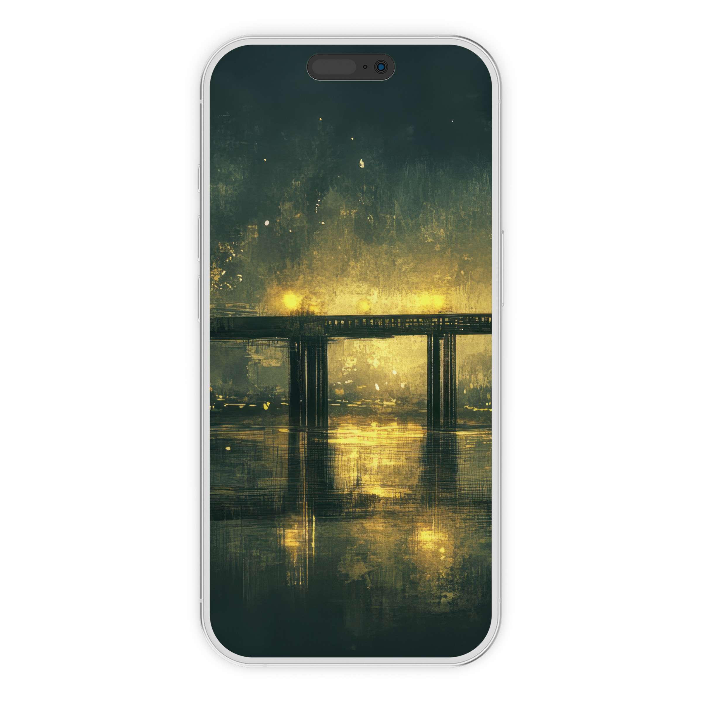 Urban art iPhone wallpaper digital download features a serene bridge with golden lights reflecting on water creating a calming phone background