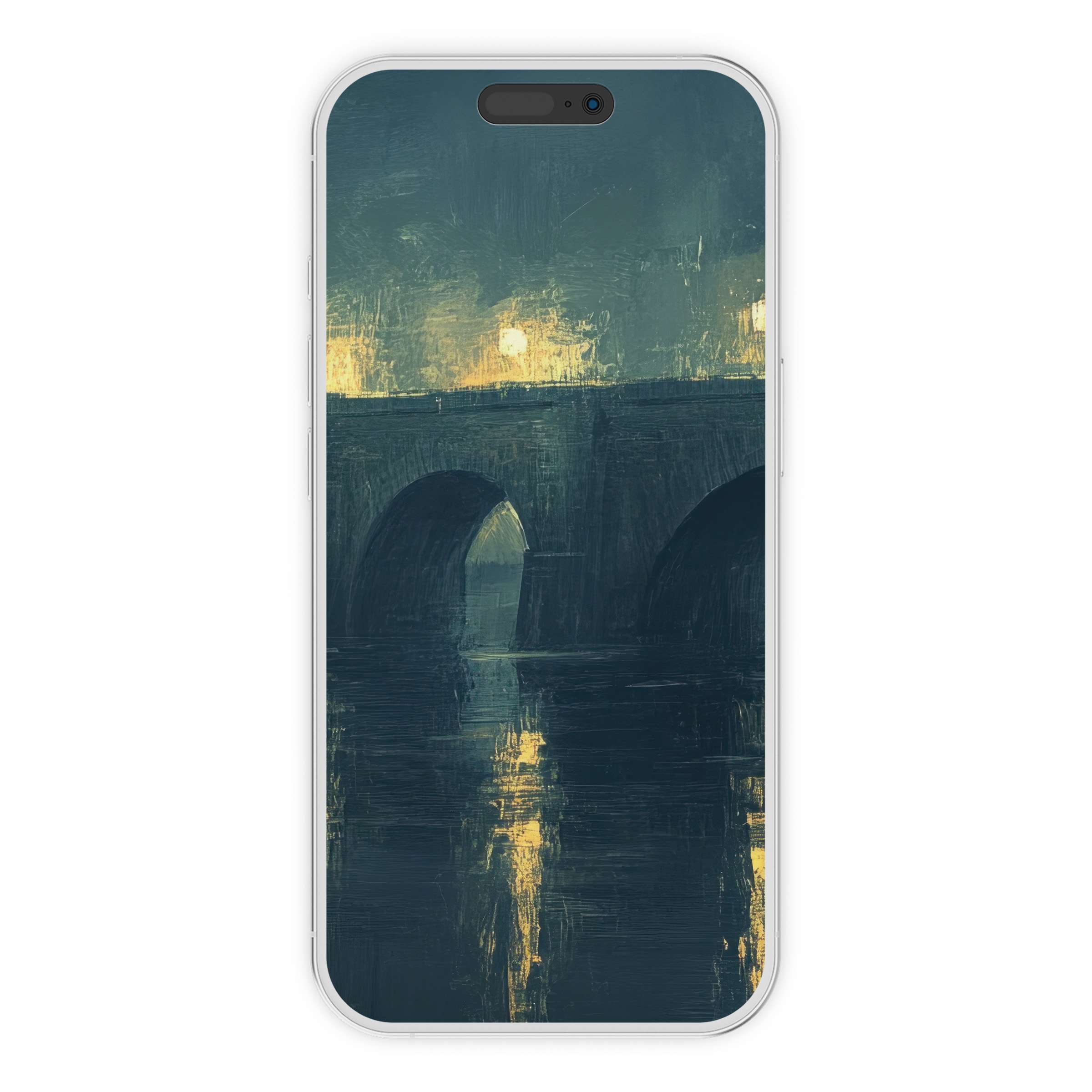 Urban art iPhone wallpaper with serene watery reflections under a bridge, perfect phone background for elegant digital download