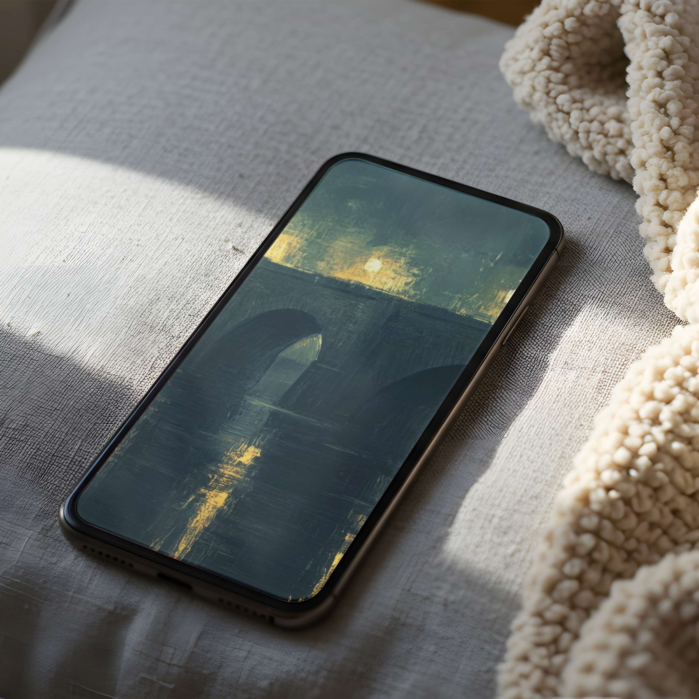 Elegant phone wallpaper featuring serene abstract bridge and warm tones on soft bedspread perfect for high resolution digital download