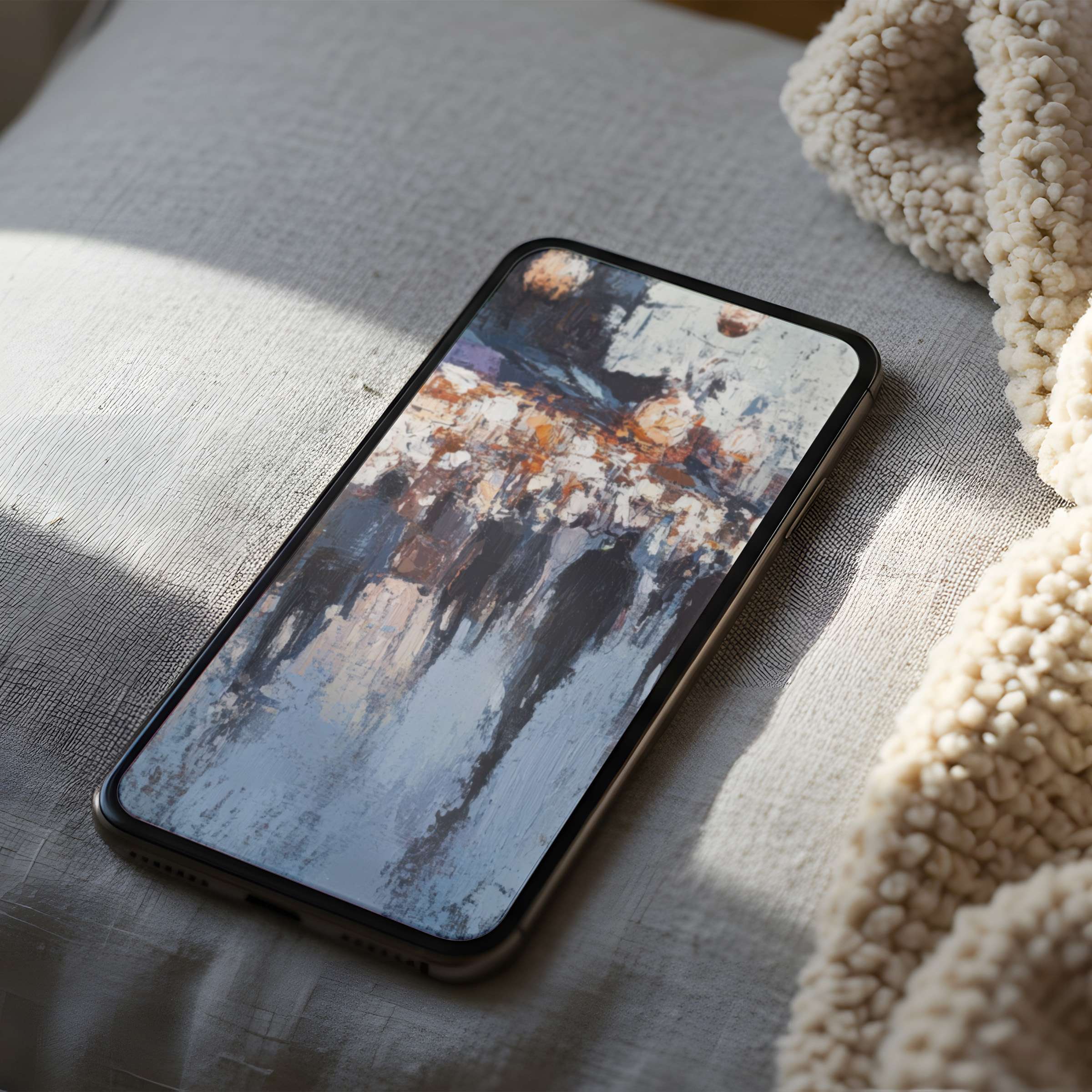 Abstract phone wallpaper with warm earth tones and soft brush strokes on a cozy textile backdrop suited for high resolution downloads