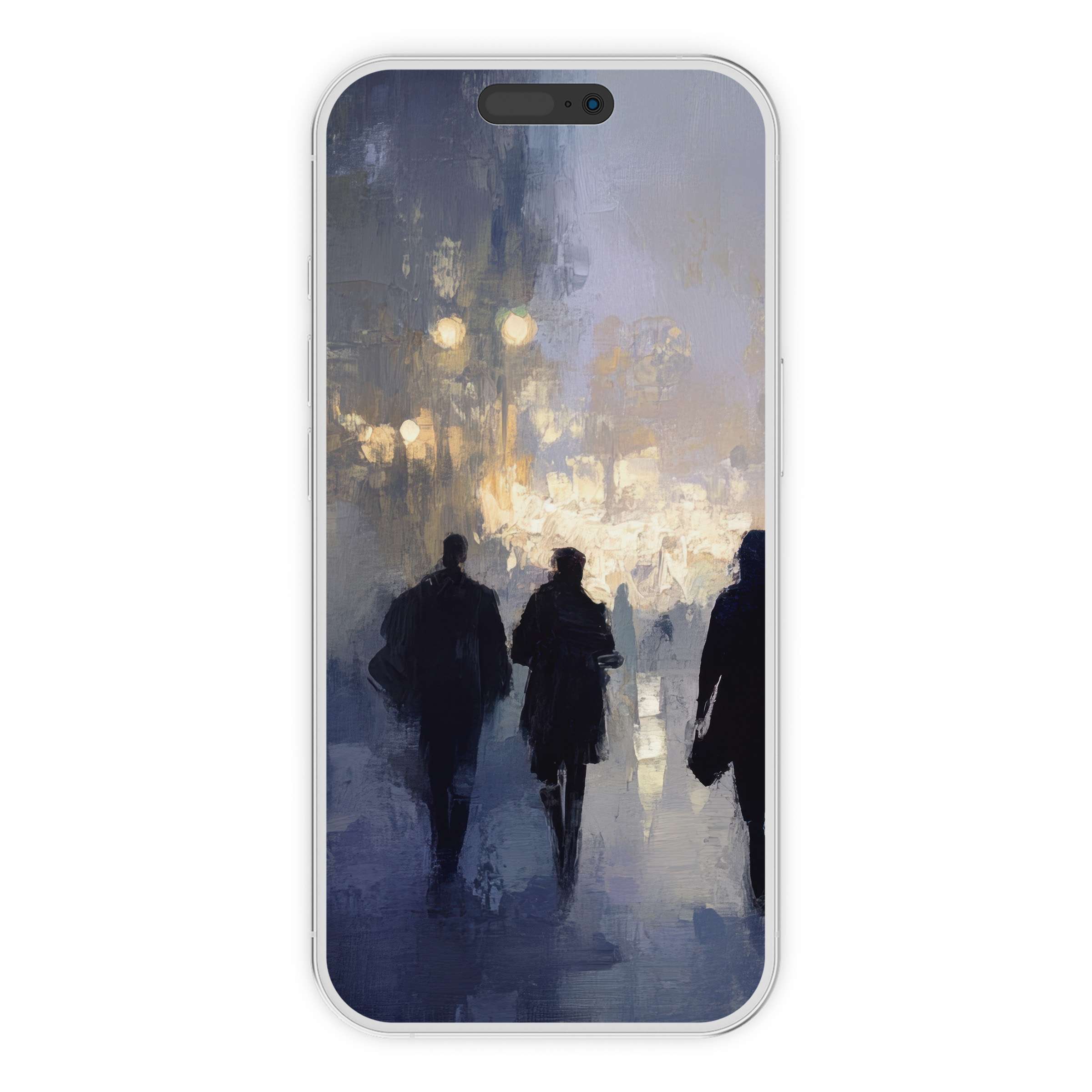 Urban art iPhone wallpaper featuring abstract night cityscape with deep blues and warm lights creates a calming phone background digital download
